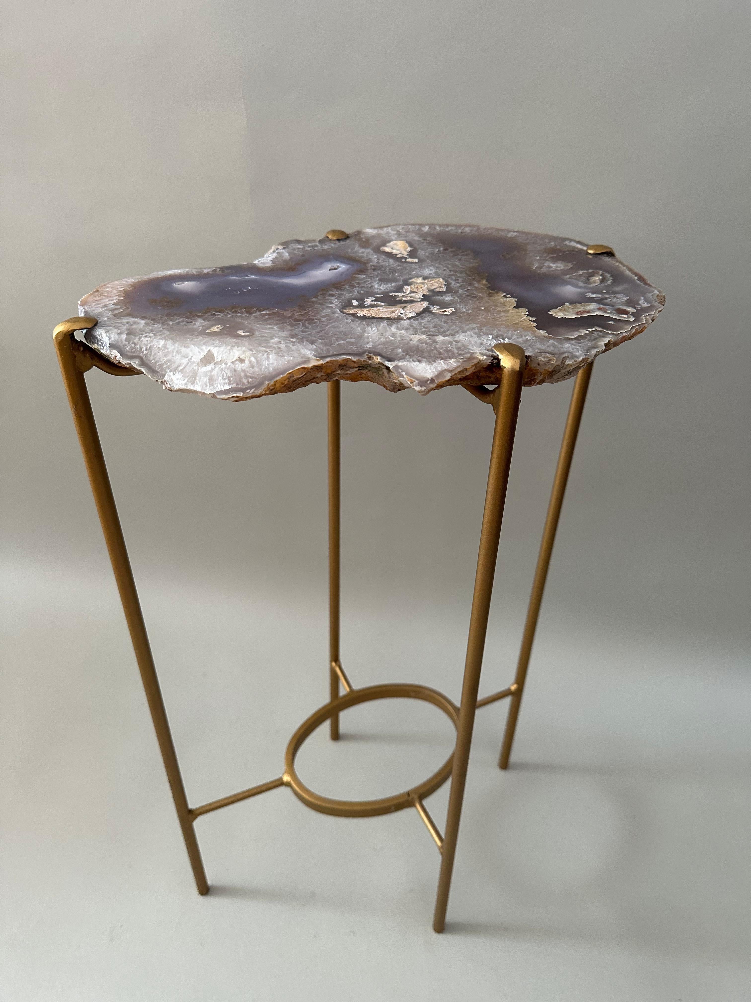 Unusual Modern Handcrafted Geode Drinks Table. Quartzite top with gilt steel base. Grays Creams and Purples with dramatic contrasts