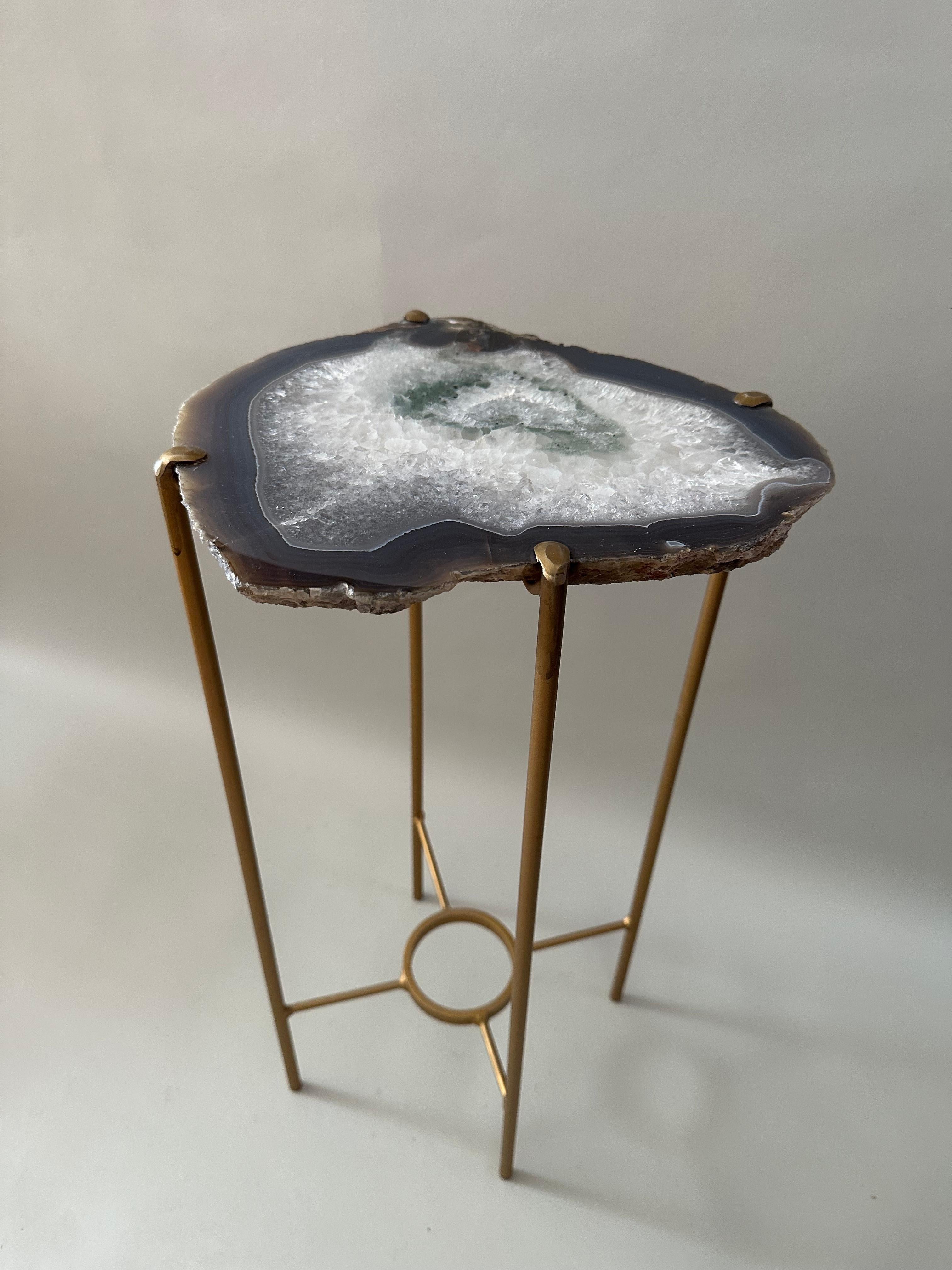 Unusual Modern Handcrafted Geode Drinks Table. Quartzite top with gilt steel base. Dark Green to Crystal center edged in dark brownish Blues
