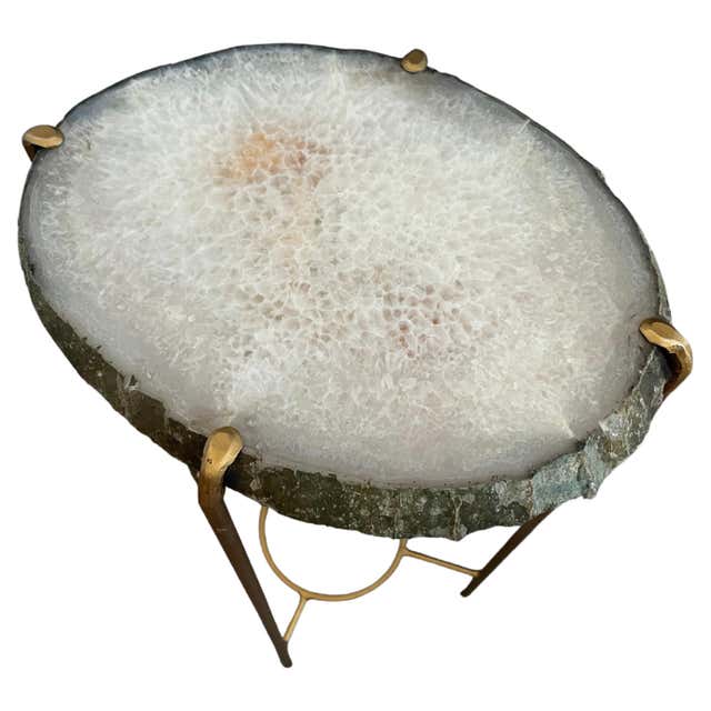 Organic Modern White with Dark Gray Edge Geode Table with Gold Gilt ...