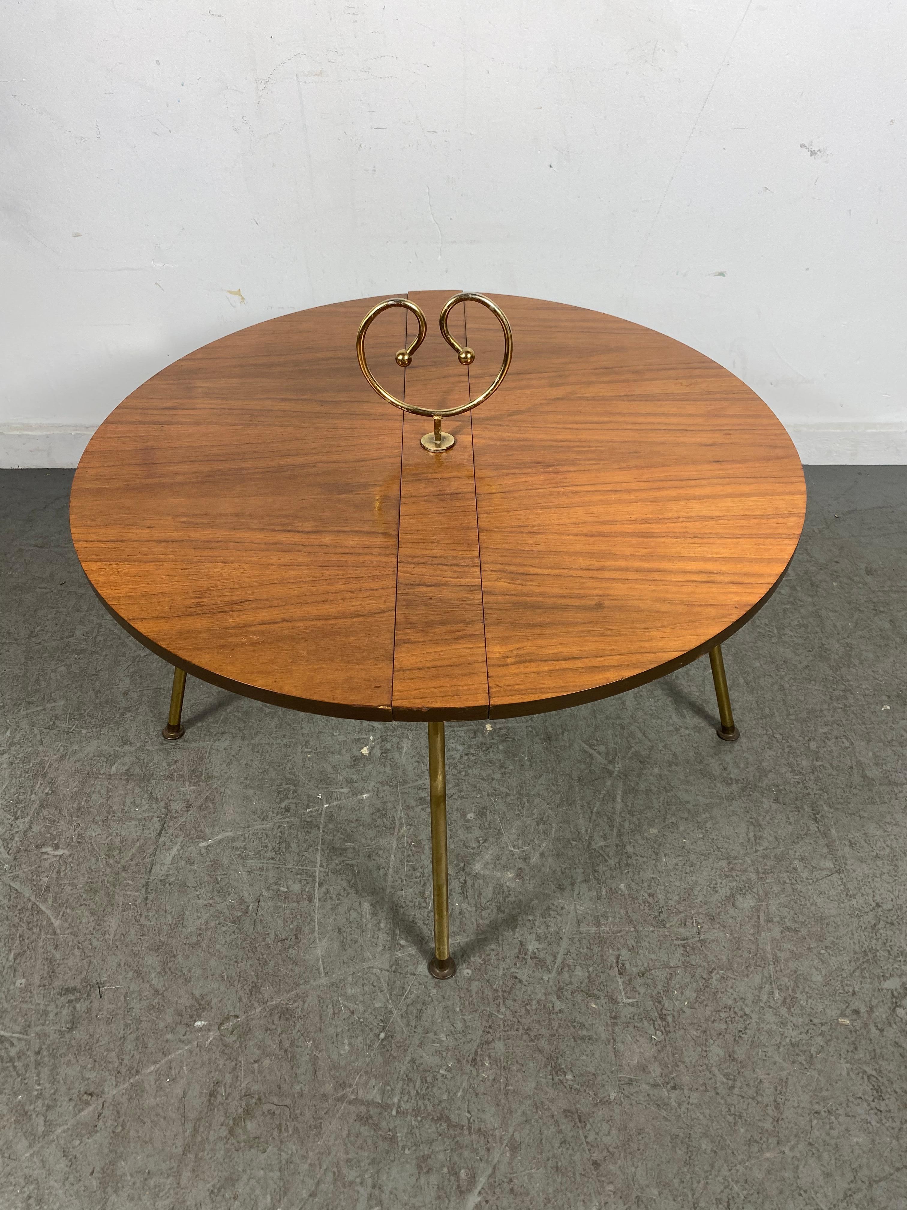 Unusual Modernist Collapsable Coffee/Cocktail Table, , Walnut & Brass In Good Condition For Sale In Buffalo, NY