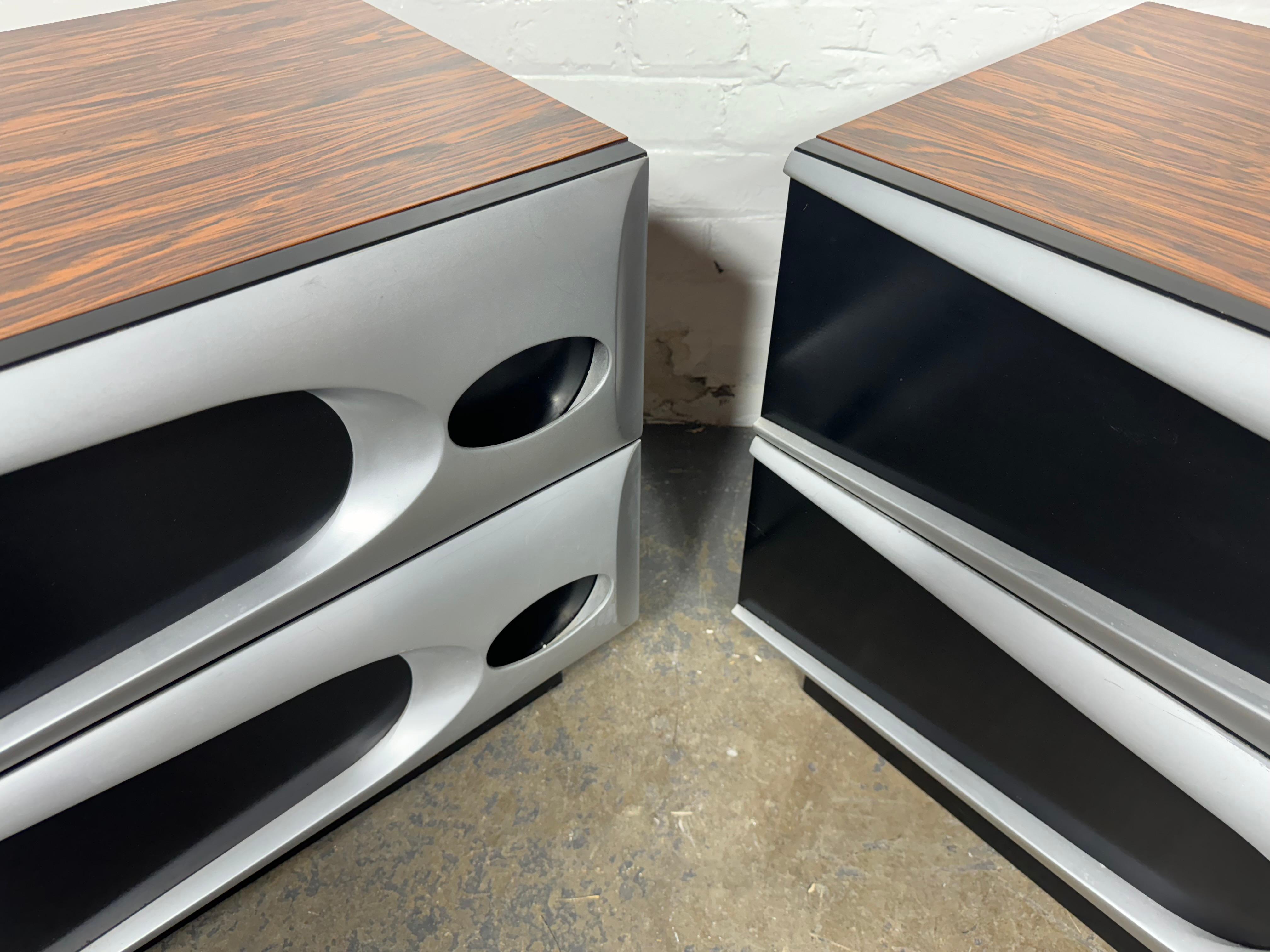 American Unusual Modernist Space Age Nightstands, Melamine Rosewood and Aluminum For Sale