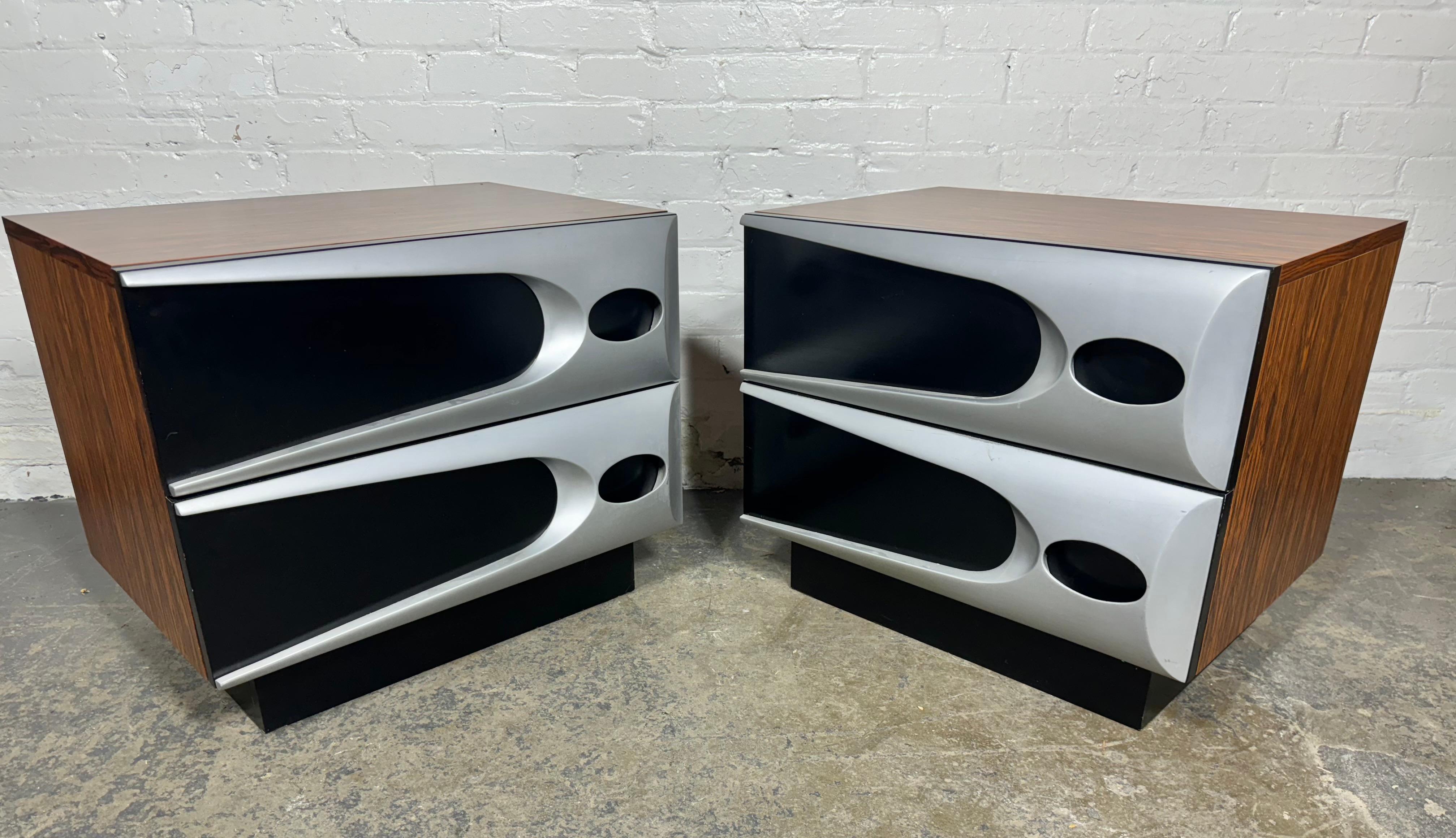 Unusual Modernist Space Age Nightstands, Melamine Rosewood and Aluminum In Good Condition For Sale In Buffalo, NY