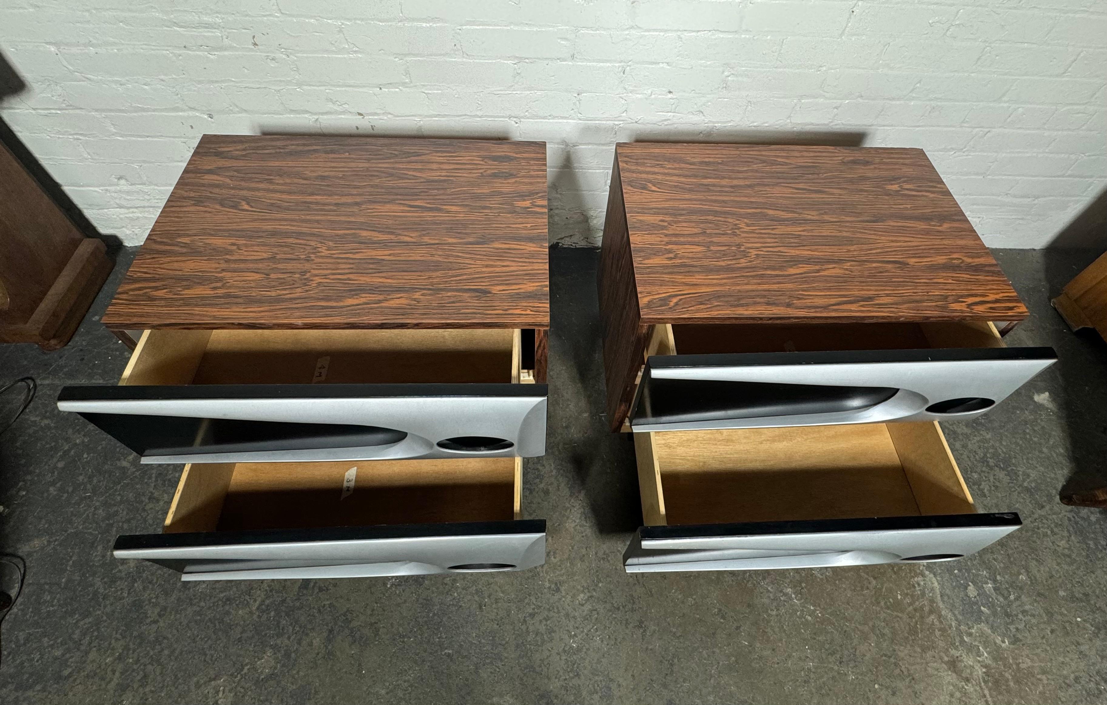 Late 20th Century Unusual Modernist Space Age Nightstands, Melamine Rosewood and Aluminum For Sale
