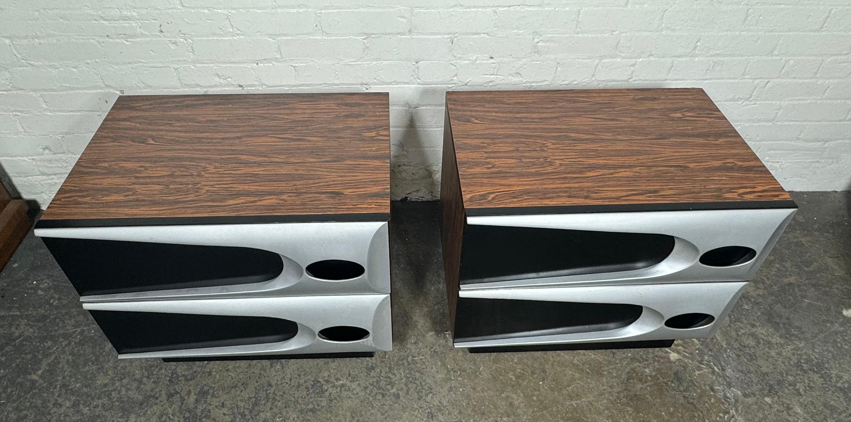 Unusual Modernist Space Age Nightstands, Melamine Rosewood and Aluminum For Sale 1