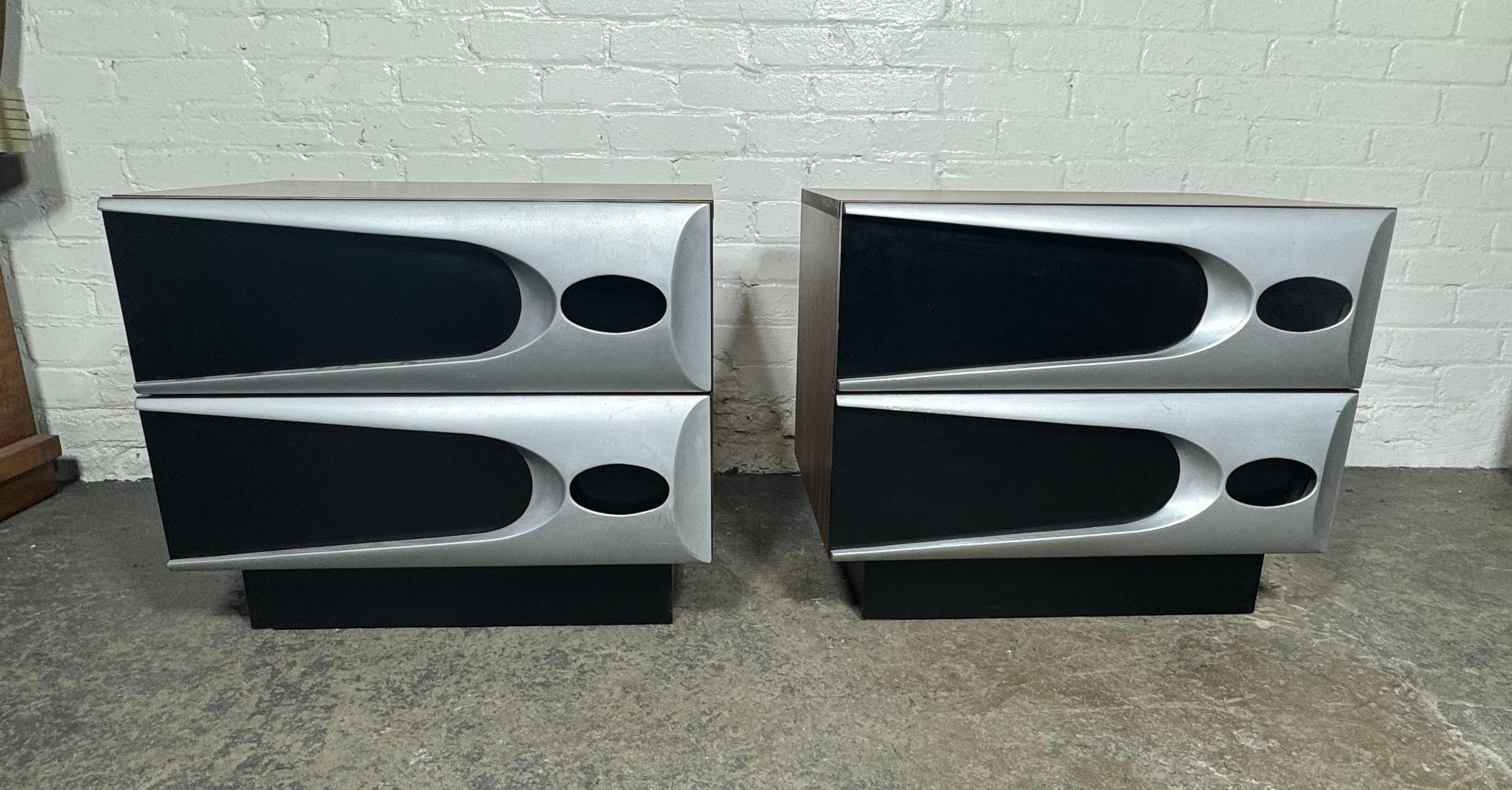 Unusual Modernist Space Age Nightstands, Melamine Rosewood and Aluminum For Sale 2