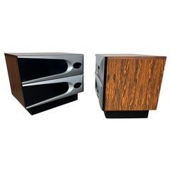 Unusual Modernist Space Age Nightstands, Melamine Rosewood and Aluminum