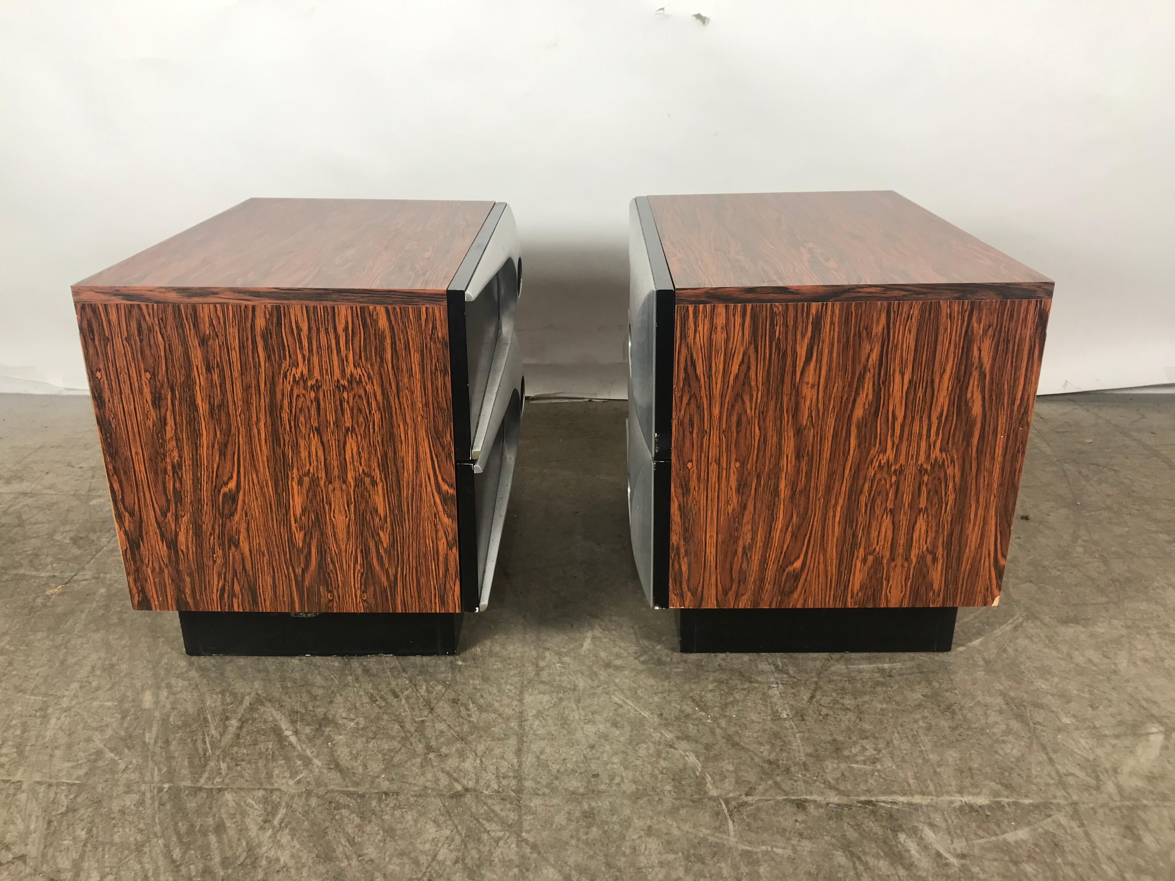 American Unusual Modernist Space Age Nightstands, Melamine Rosewood and Aluminum