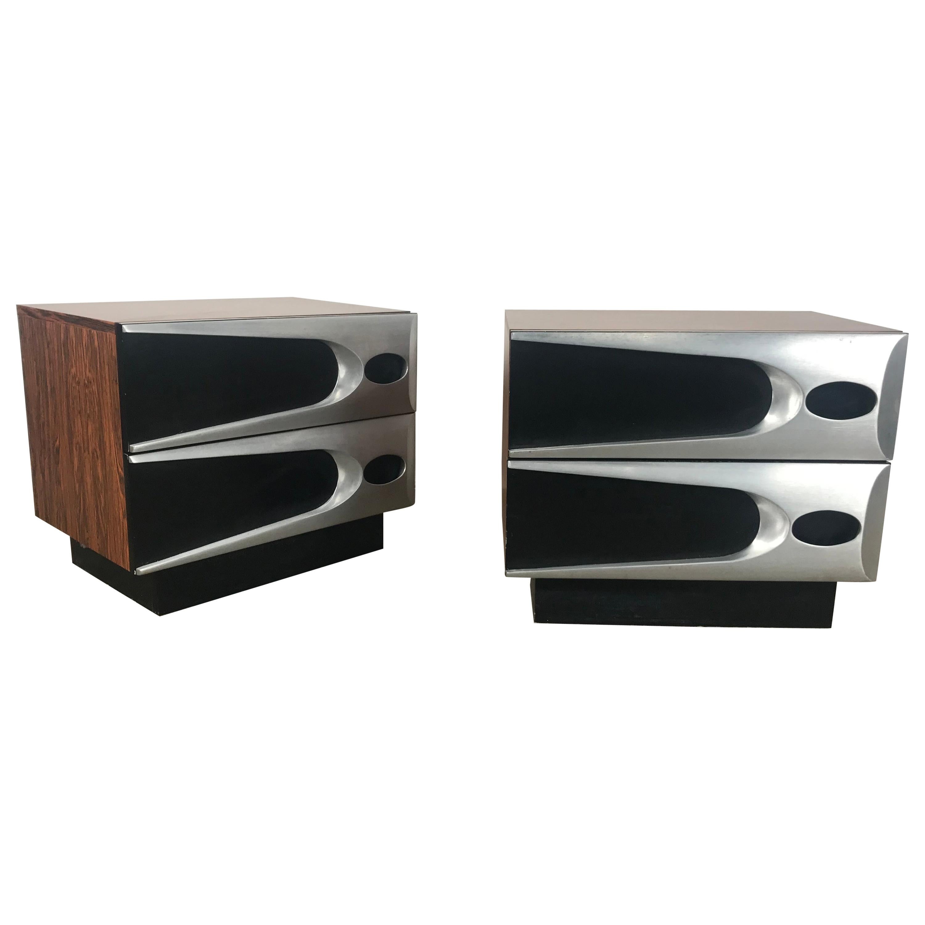 Unusual Modernist Space Age Nightstands, Melamine Rosewood and Aluminum
