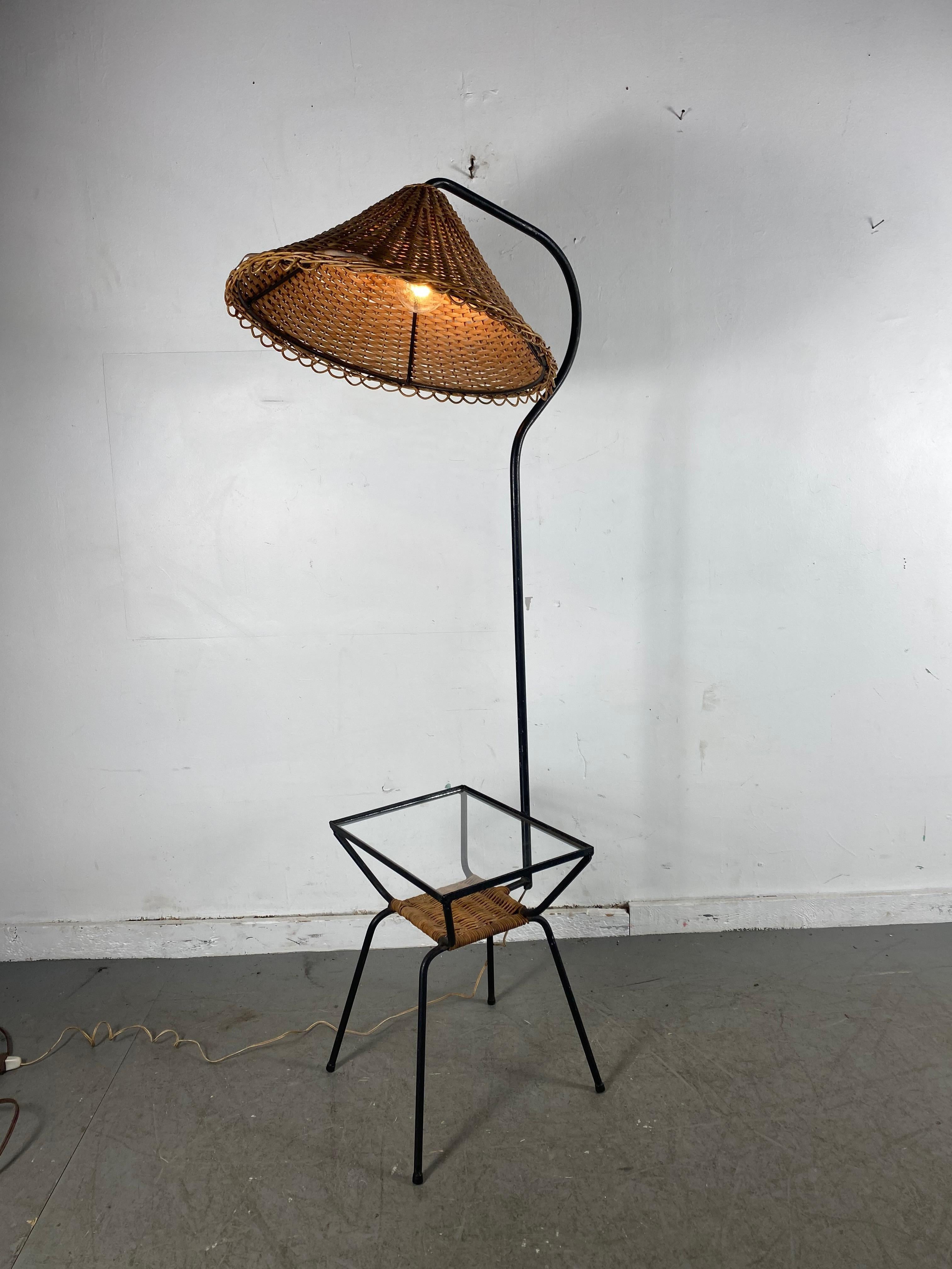 American  Unusual Modernist  Wicker and Iron Lamp Table, Attributed to Adrian Pearsall