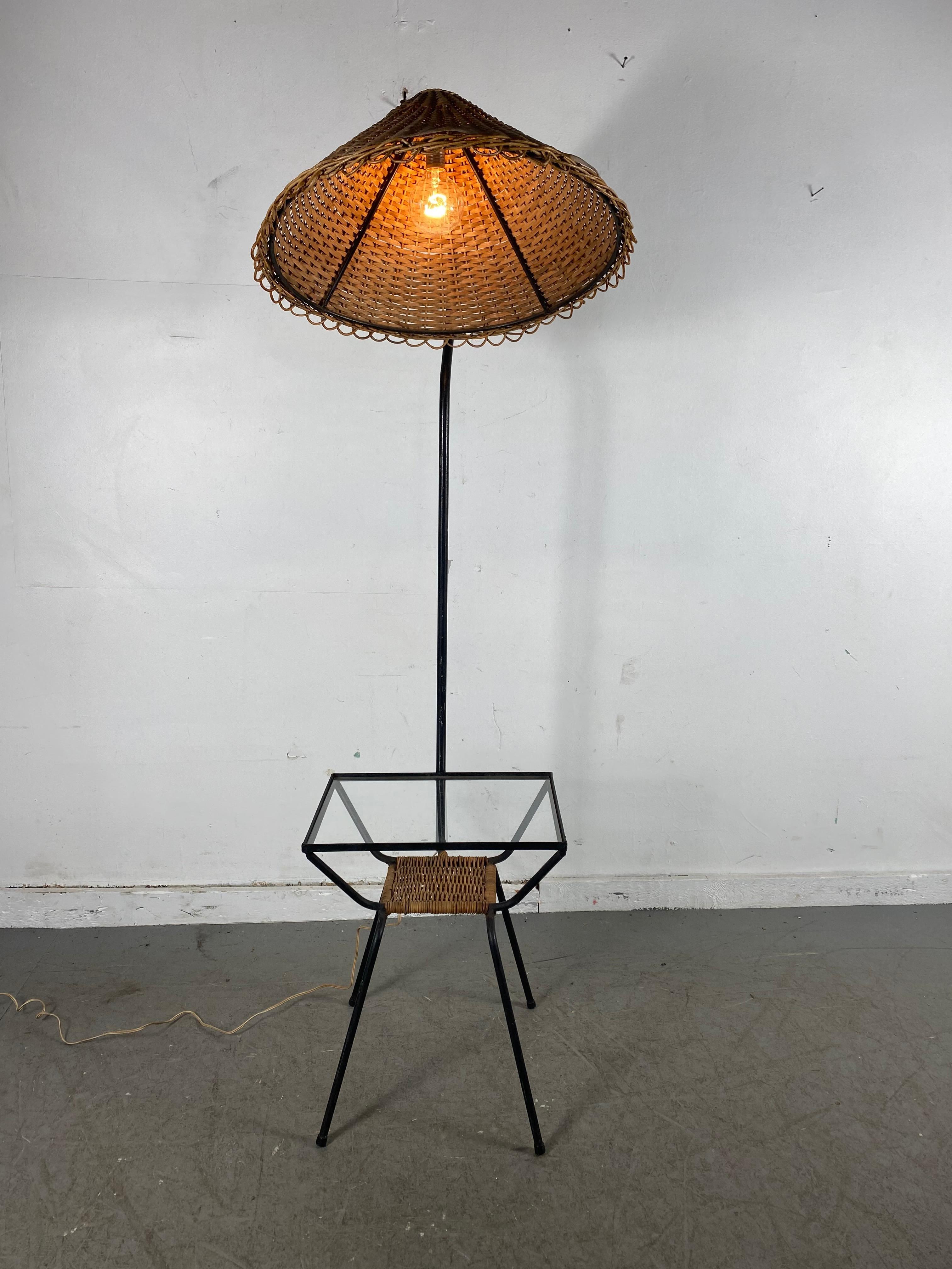  Unusual Modernist  Wicker and Iron Lamp Table, Attributed to Adrian Pearsall In Good Condition In Buffalo, NY
