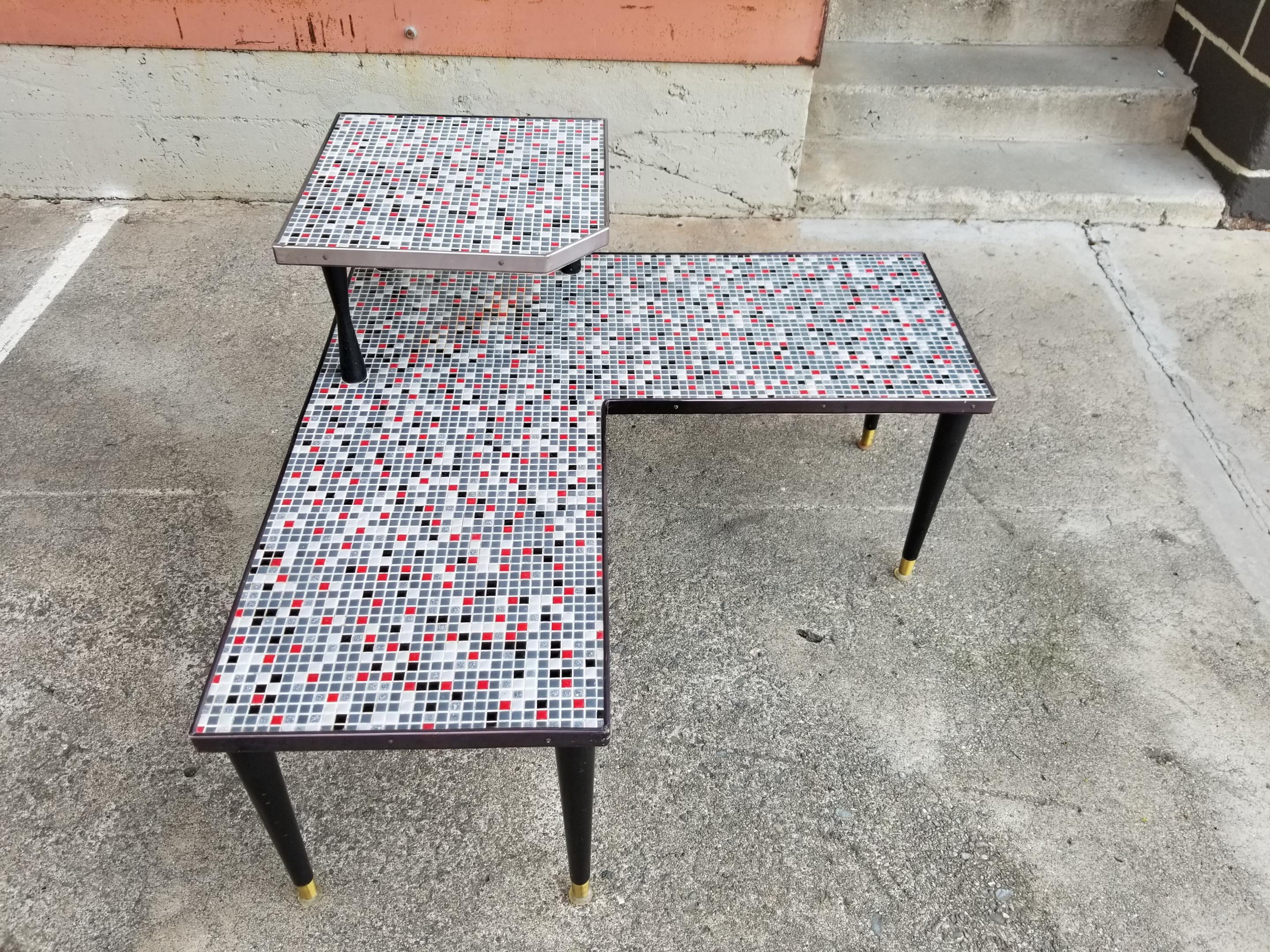 Painted Unusual Mosaic Tile Corner Side Table, 1960s