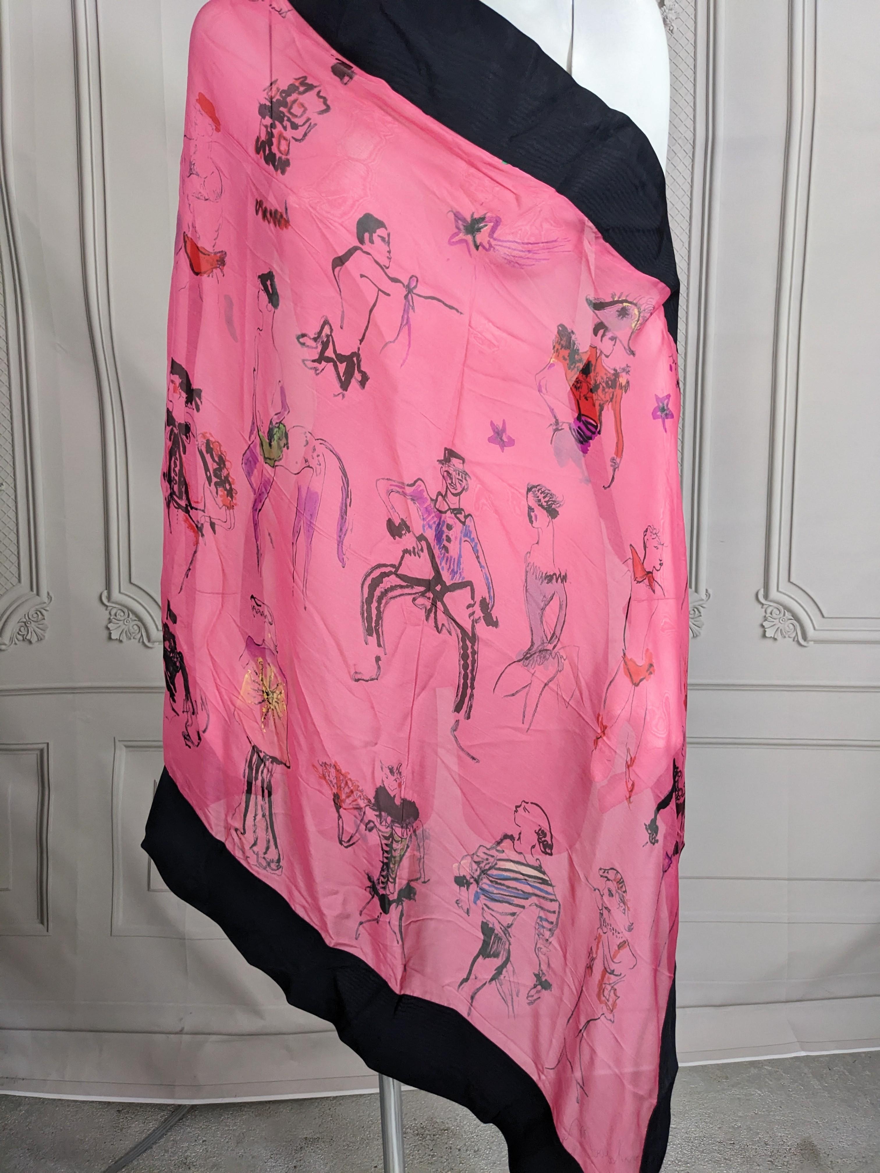 Amazing Moschino Silk Chiffon Painted Scarf with Vertes type sketches printed throughout of 1930's French cafe society as well as the famed Schiaparelli Globius Cape. Printed on silk chiffon with a stiffer black faille border. The border reverses to