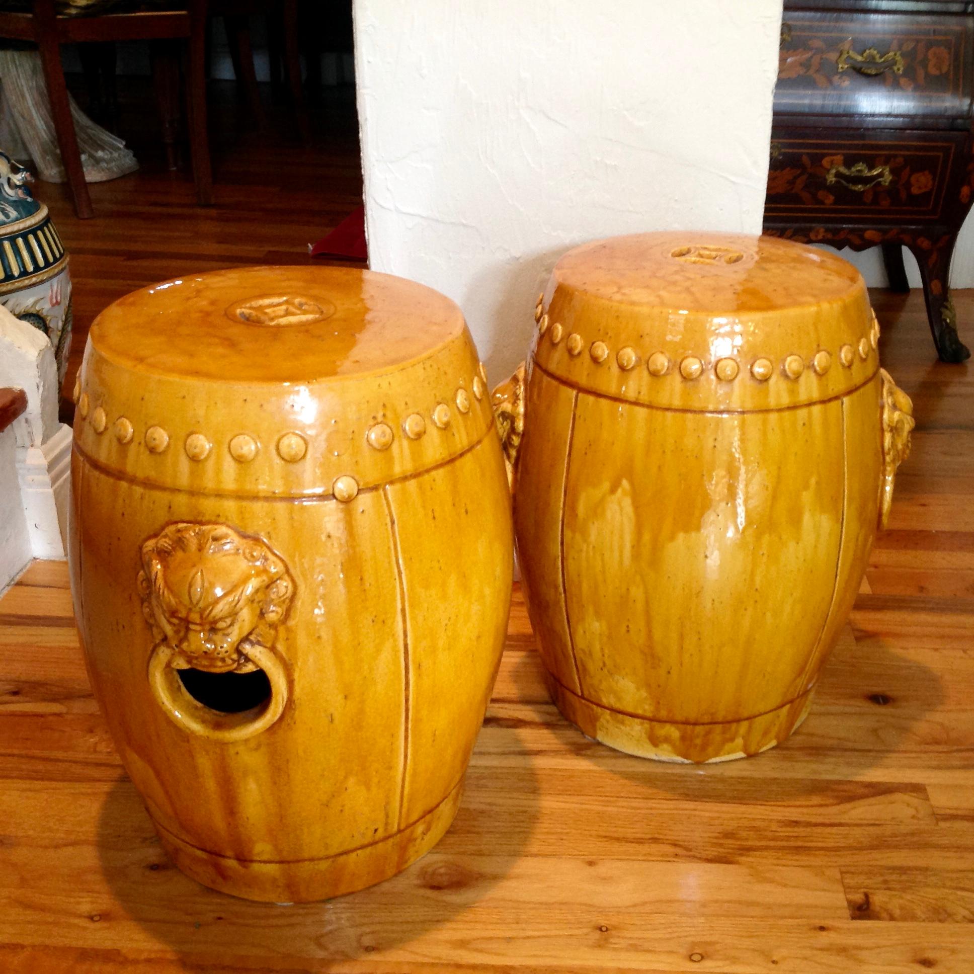 Glazed Unusual Mustard Colored Garden Seats or Stools