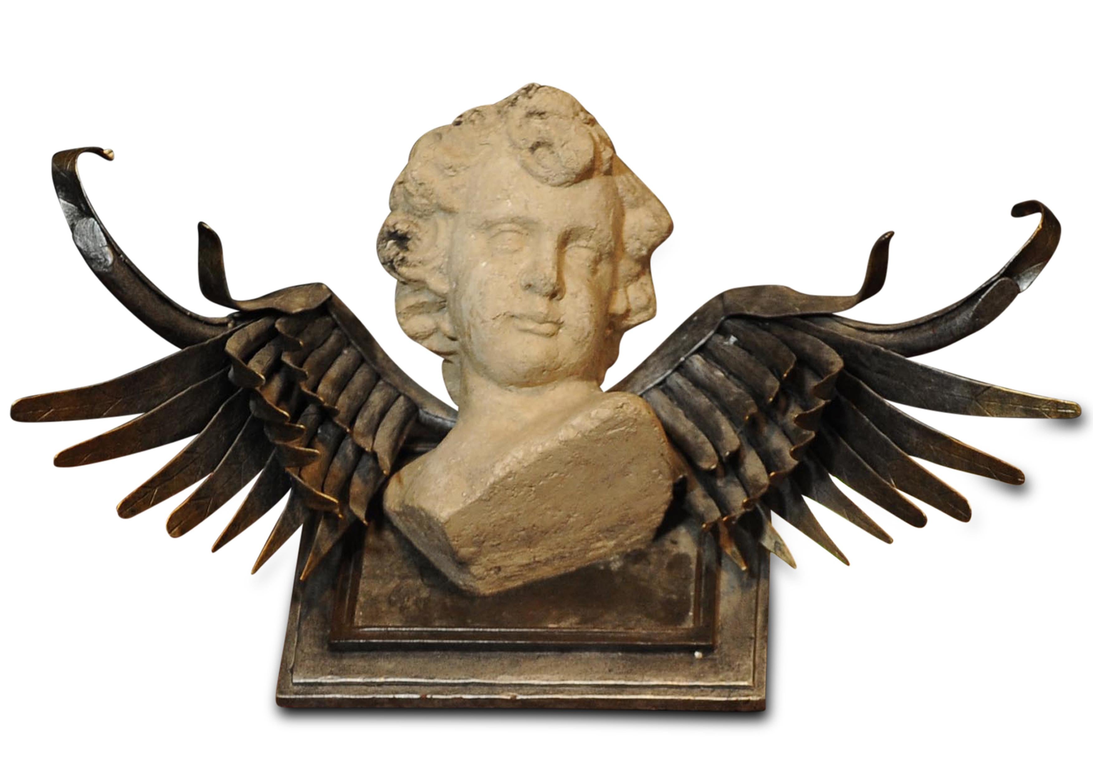 Neoclassical Revival Unusual Neoclassical Style Wall Mounted Stone Cherub / Angel with Silver Wings For Sale