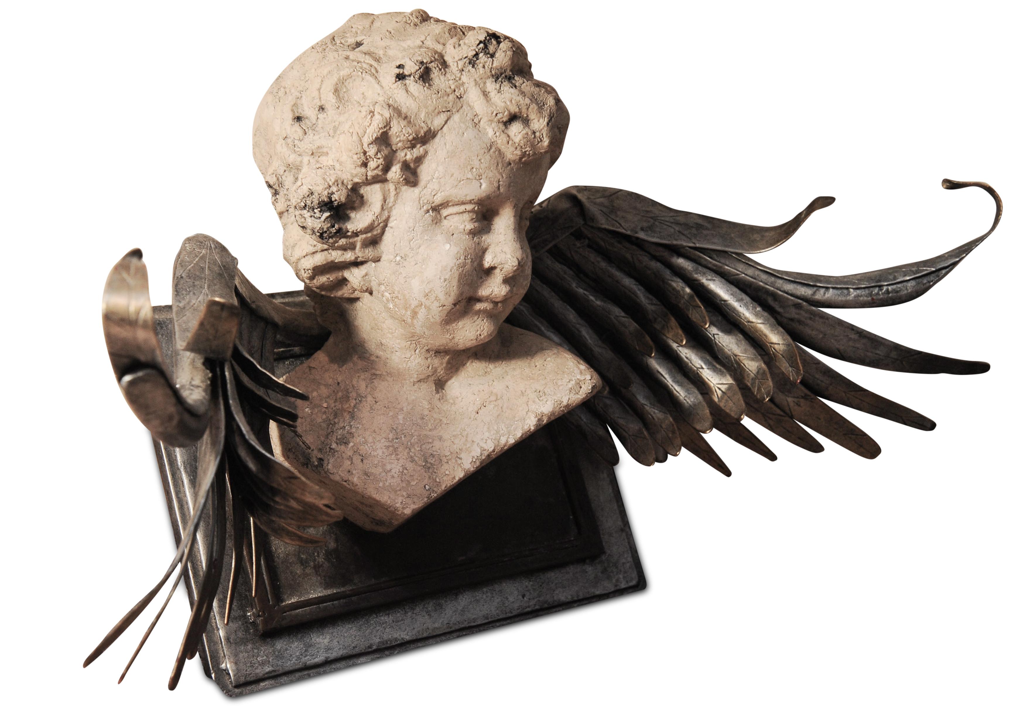 Unusual Neoclassical Style Wall Mounted Stone Cherub / Angel with Silver Wings In Good Condition For Sale In High Wycombe, GB