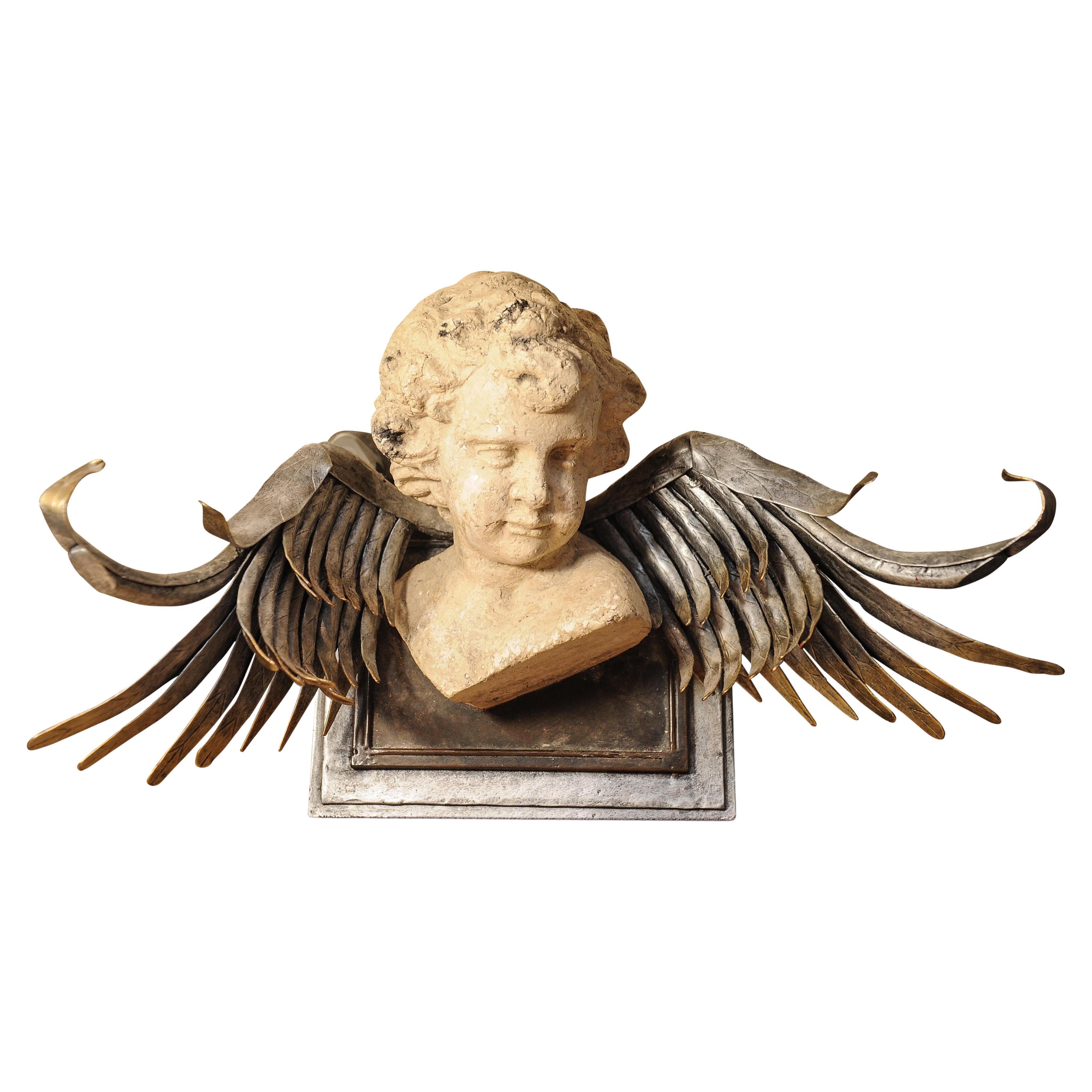 Unusual Neoclassical Style Wall Mounted Stone Cherub / Angel with Silver Wings