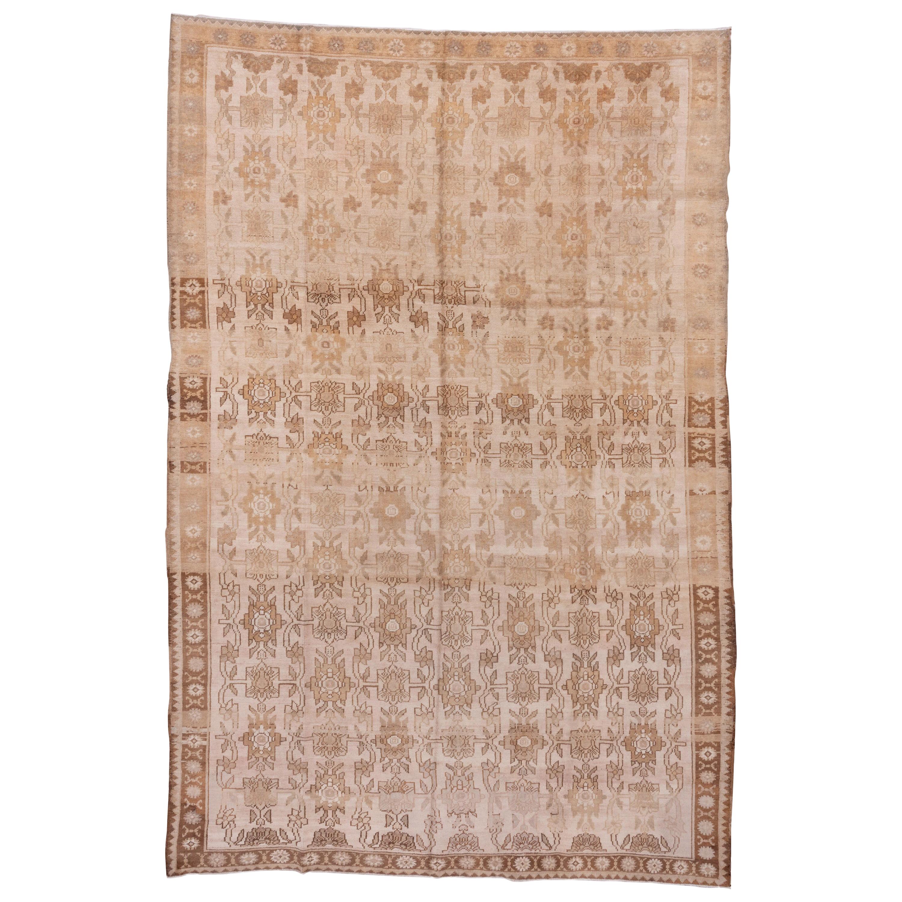 Unusual Neutral Turkish Oushak Rug, All-Over Field, Brown Tones, circa 1940s