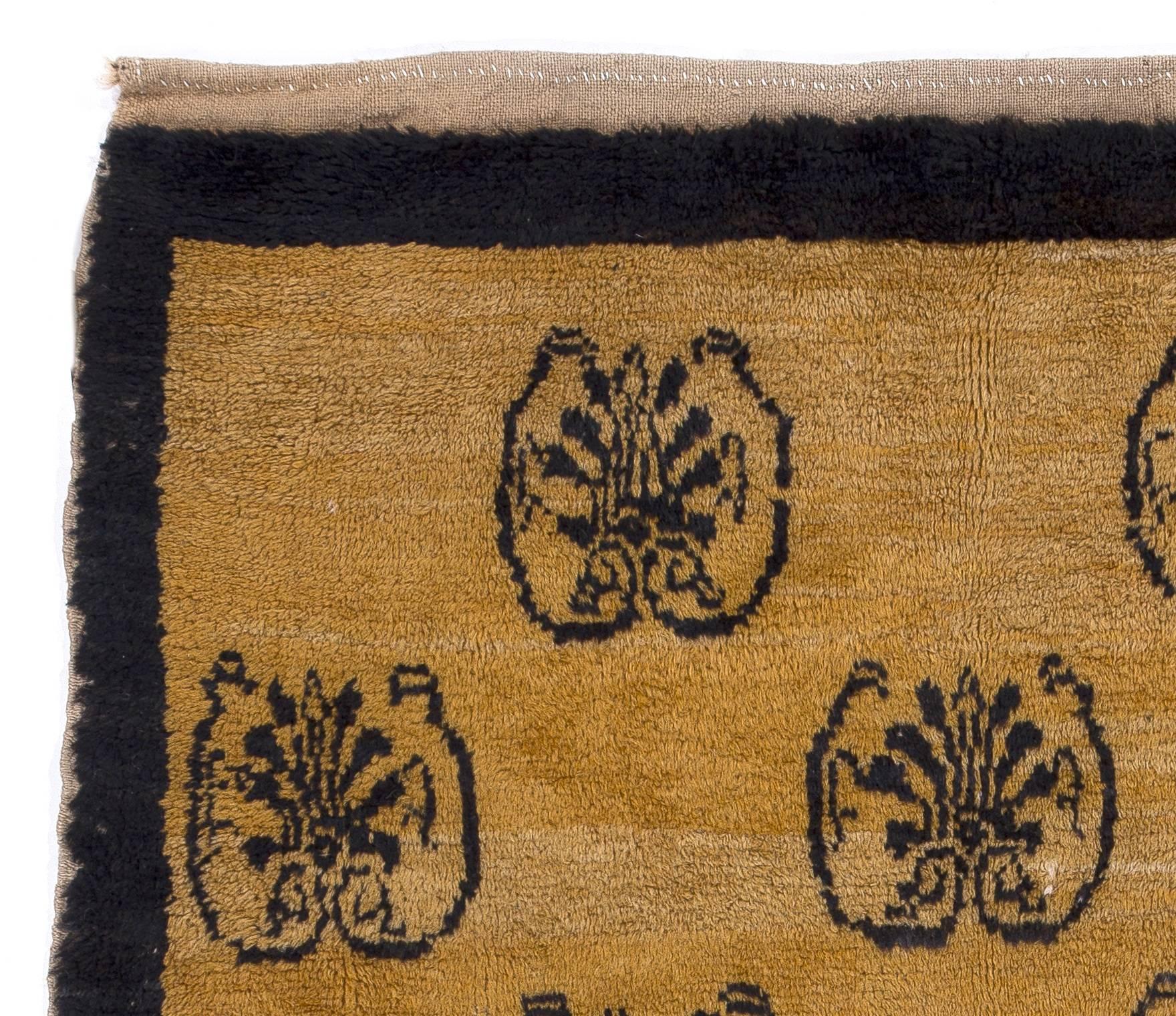 Turkish Unique Hand-Knotted Anatolian Rug with 15 Blue Carnations on Camel Wool Ground