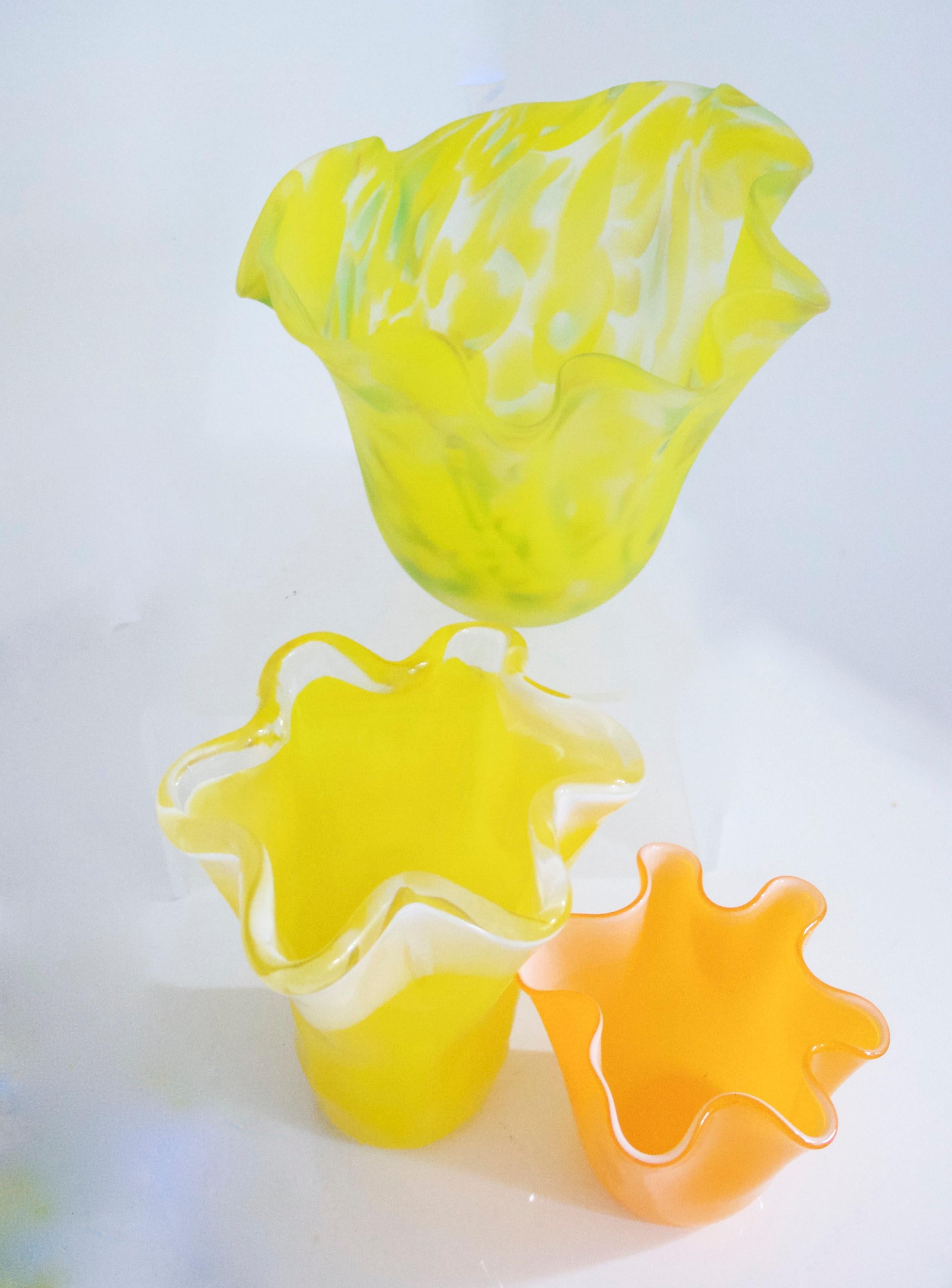 Italian Bianconi Venini Opalescent 'Fazzoletto' Handkerchief Vase, 1960s Yellow Glass For Sale