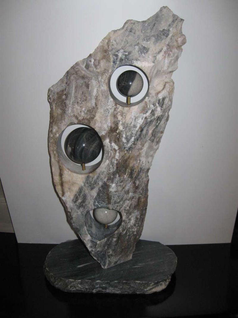 Unusual Orca marble free Form sculpture with 3 spheres One side is rough, one side is smooth