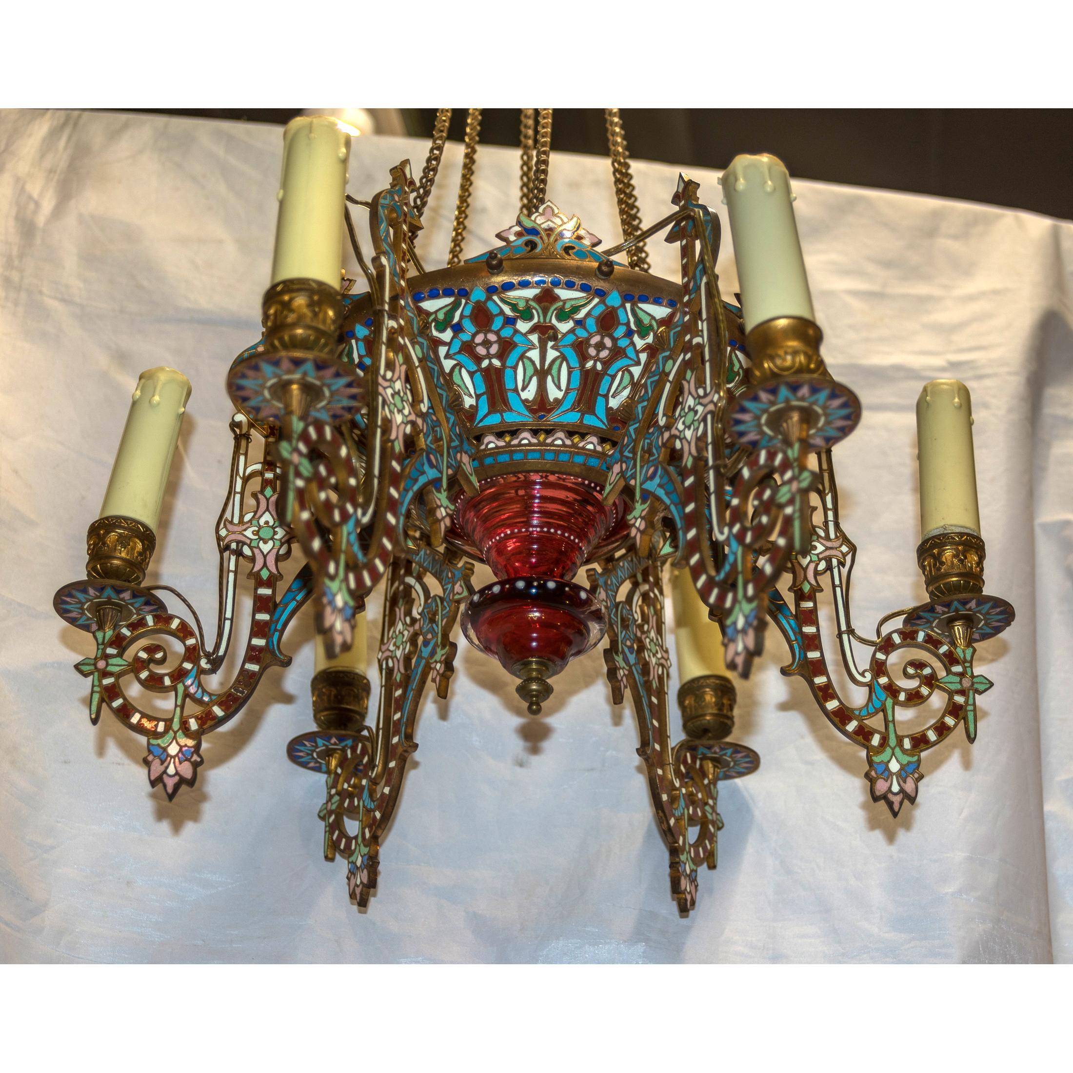 Außergewöhnlicher orientalischer vergoldeter und mit Emaille verzierter Kronleuchter mit sechs Lichtern (Maurisch)