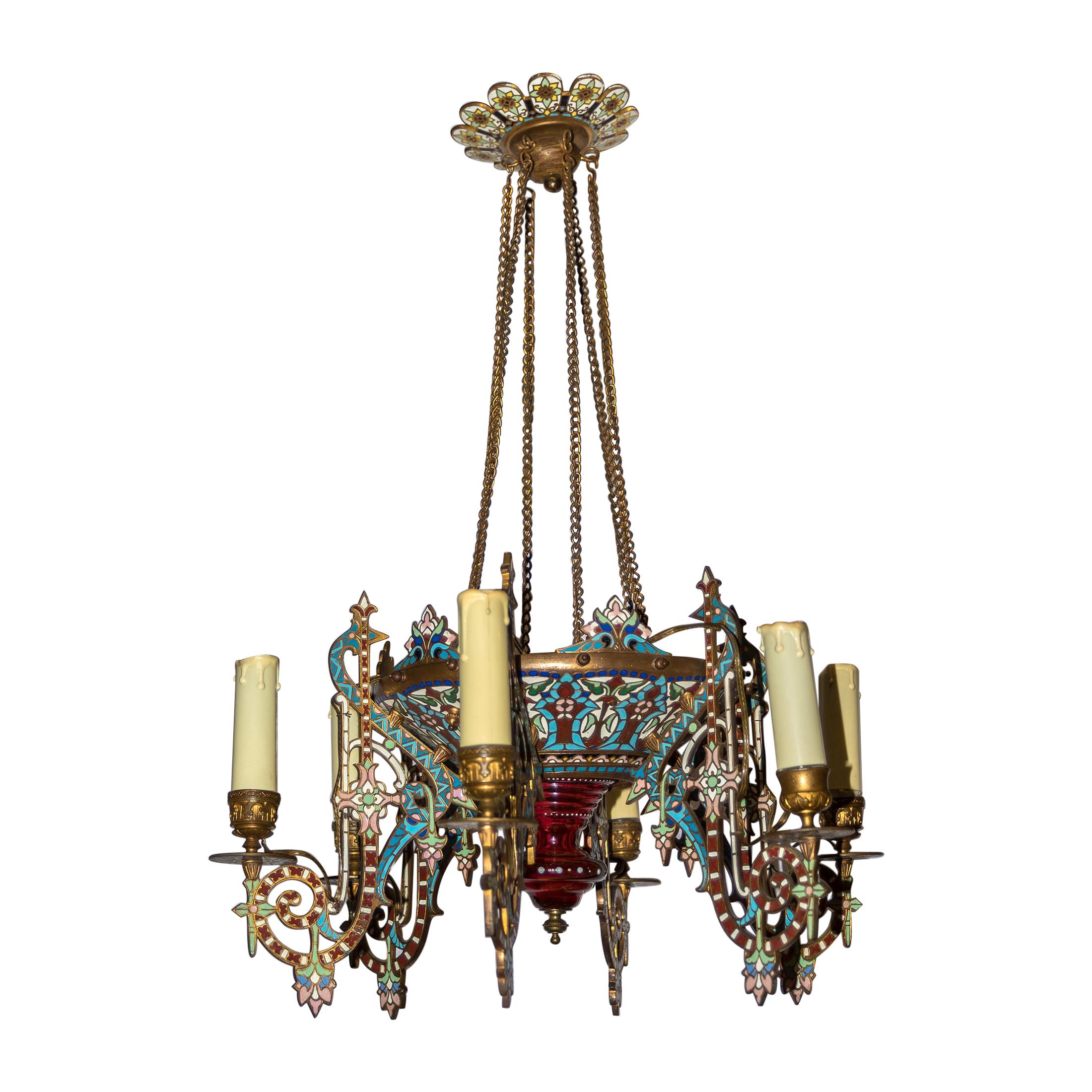 Unusual Orientalist Gilt and Enamel Decorated Six-Light Chandelier