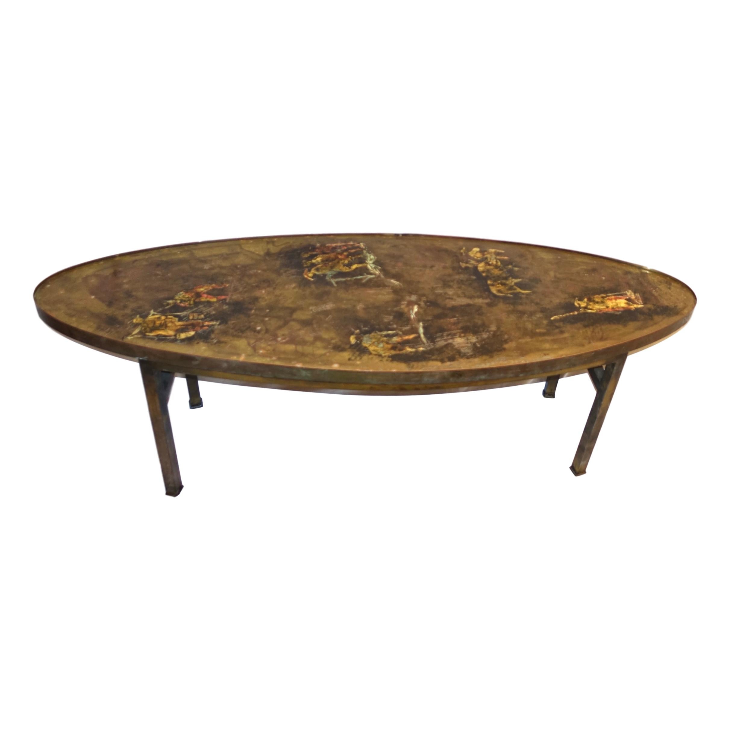 A oval-shaped cocktail table by Philip & Kelvin LaVerne with Asian motif in polychromed and acid-etched patinated bronze.

Measurements:
Length: 54.5?
Height: 17.5?
Width: 19?.