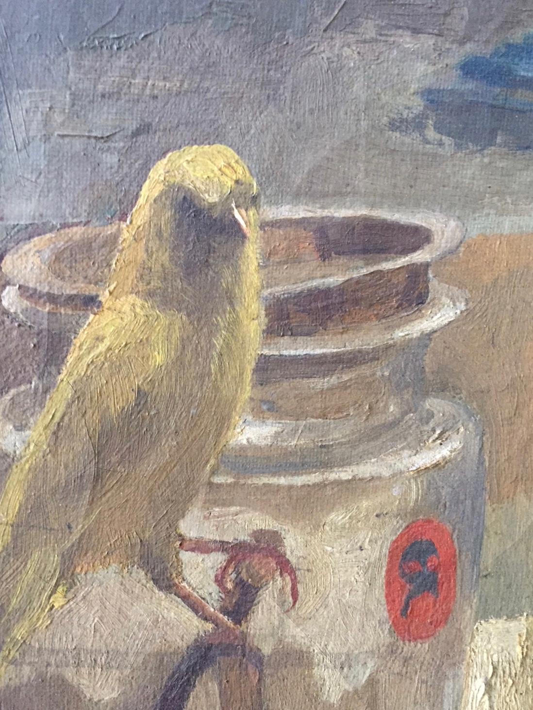 Unusual Painting of a Woman Taxidermist with owl and Parrots In Good Condition In Antwerp, BE