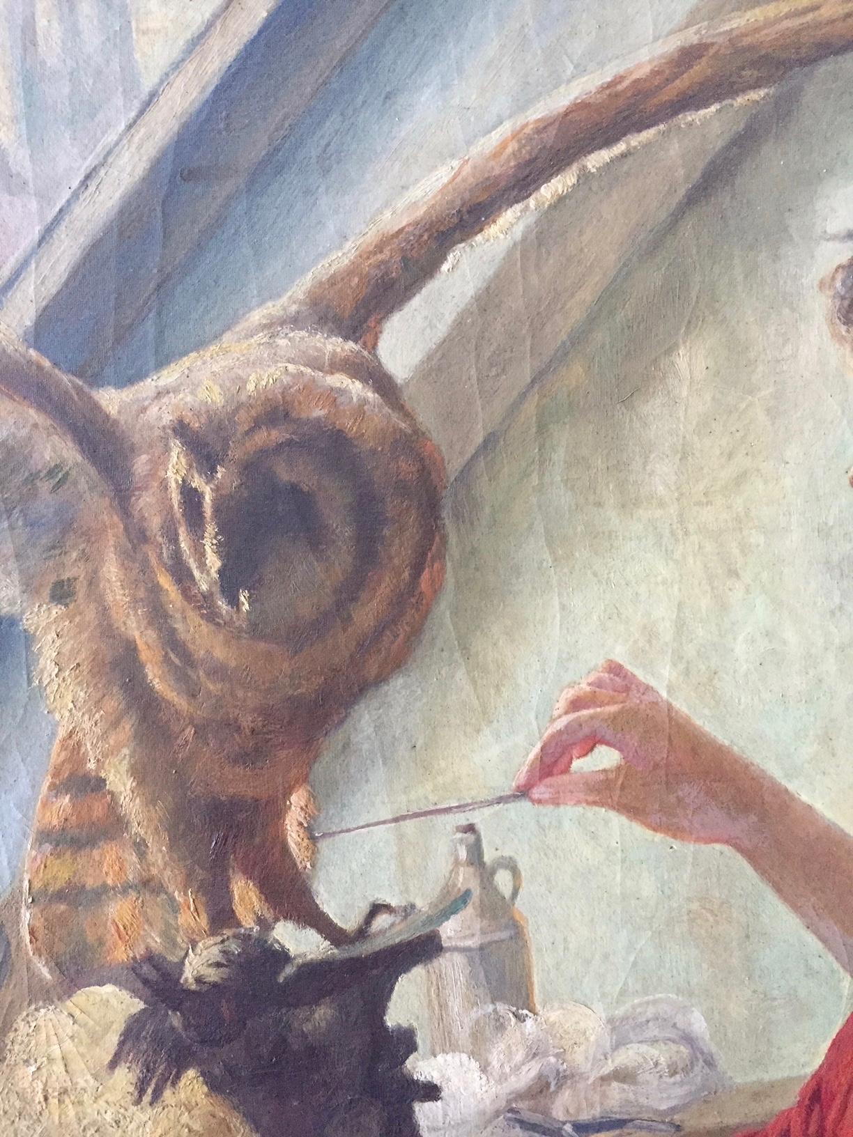 Unusual Painting of a Woman Taxidermist with owl and Parrots 1
