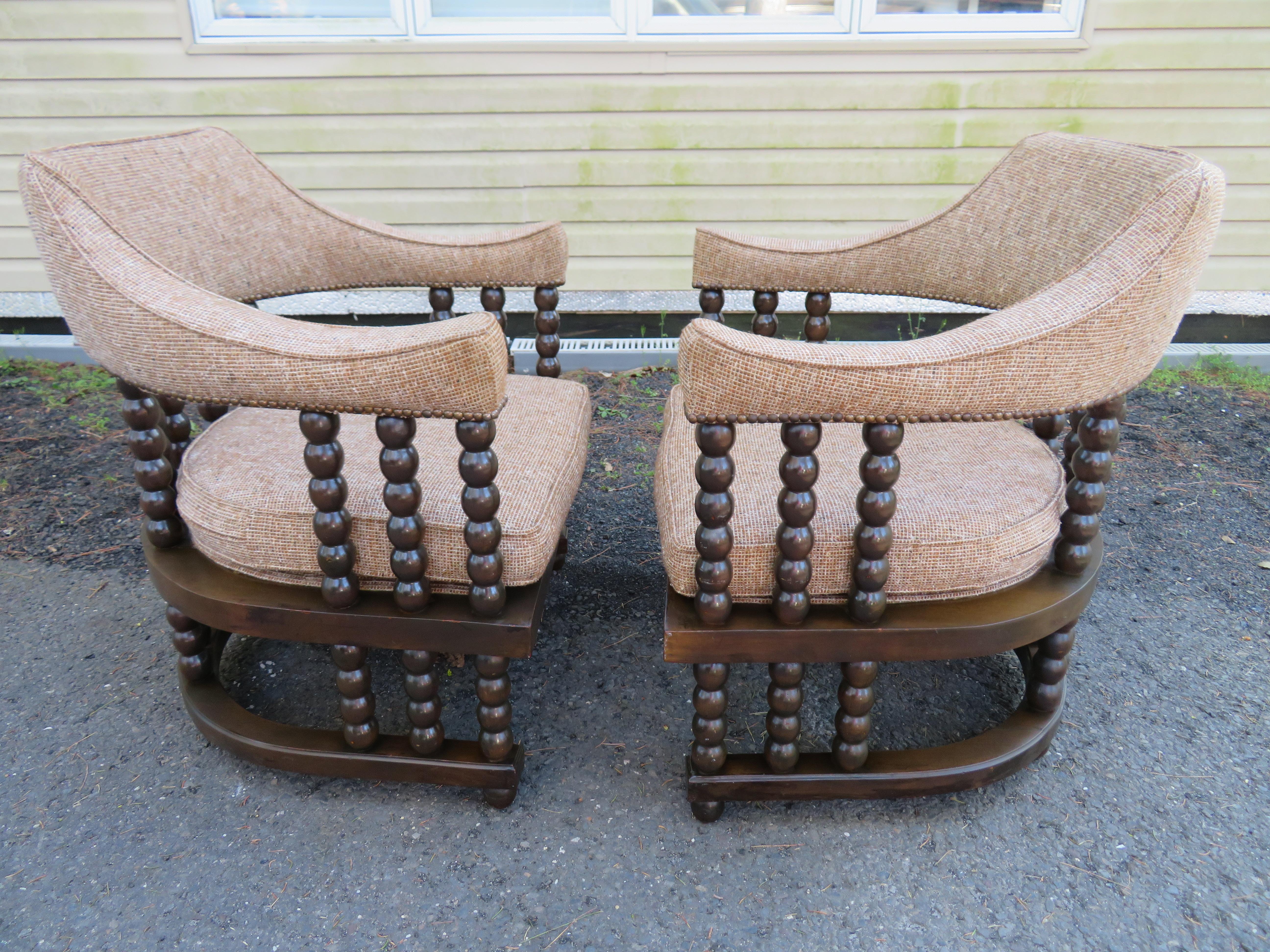 Arts and Crafts Unusual Pair of Barrel Back Spool Bobbin Chairs Mid-Century Modern For Sale