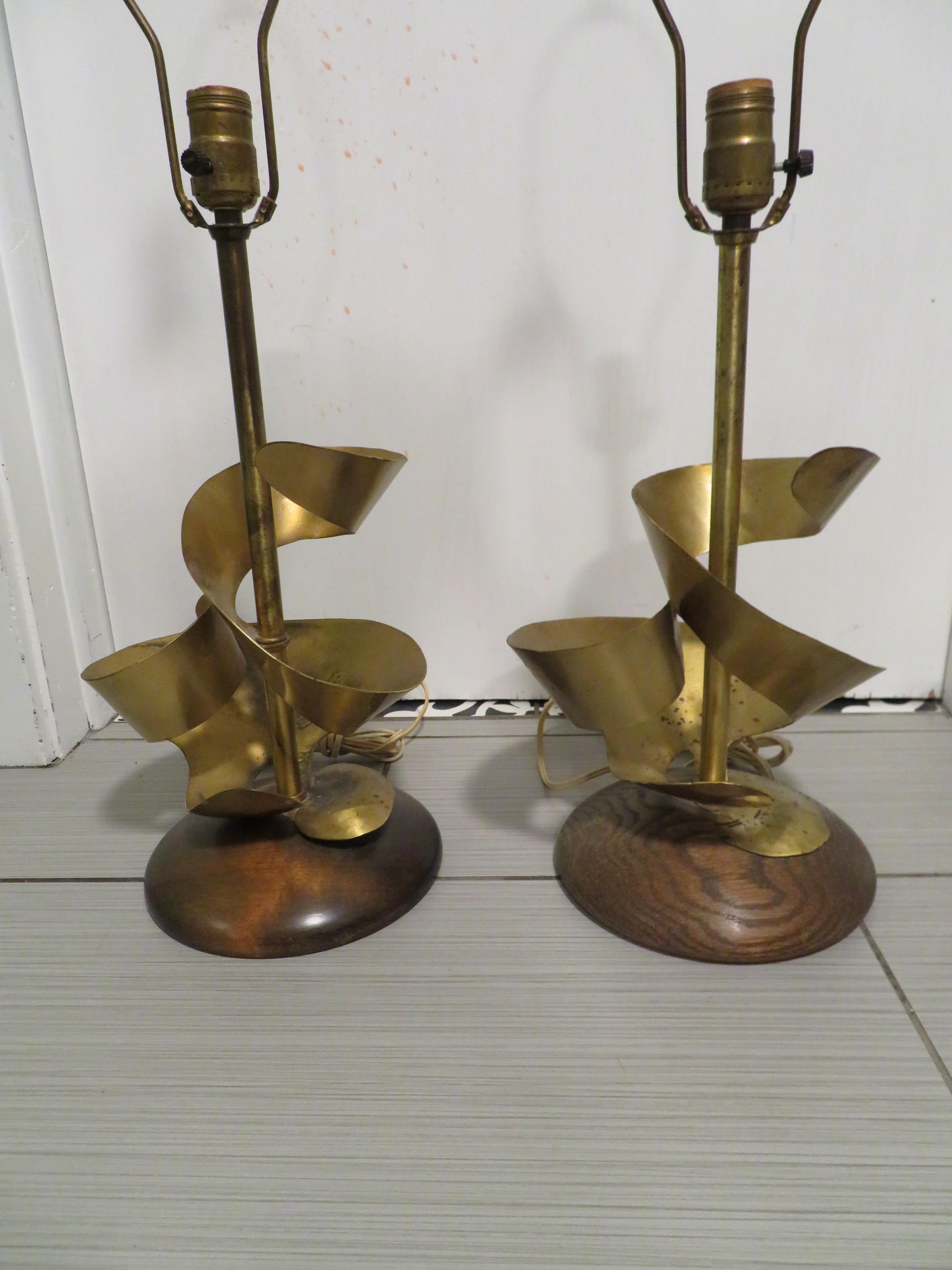 Unusual pair brass abstract Heifetz lamps, circa 1950s. We are just in love with all the wonderful lamps designed by Yasha Heifetz and this pair is very special and rare. They measure 30