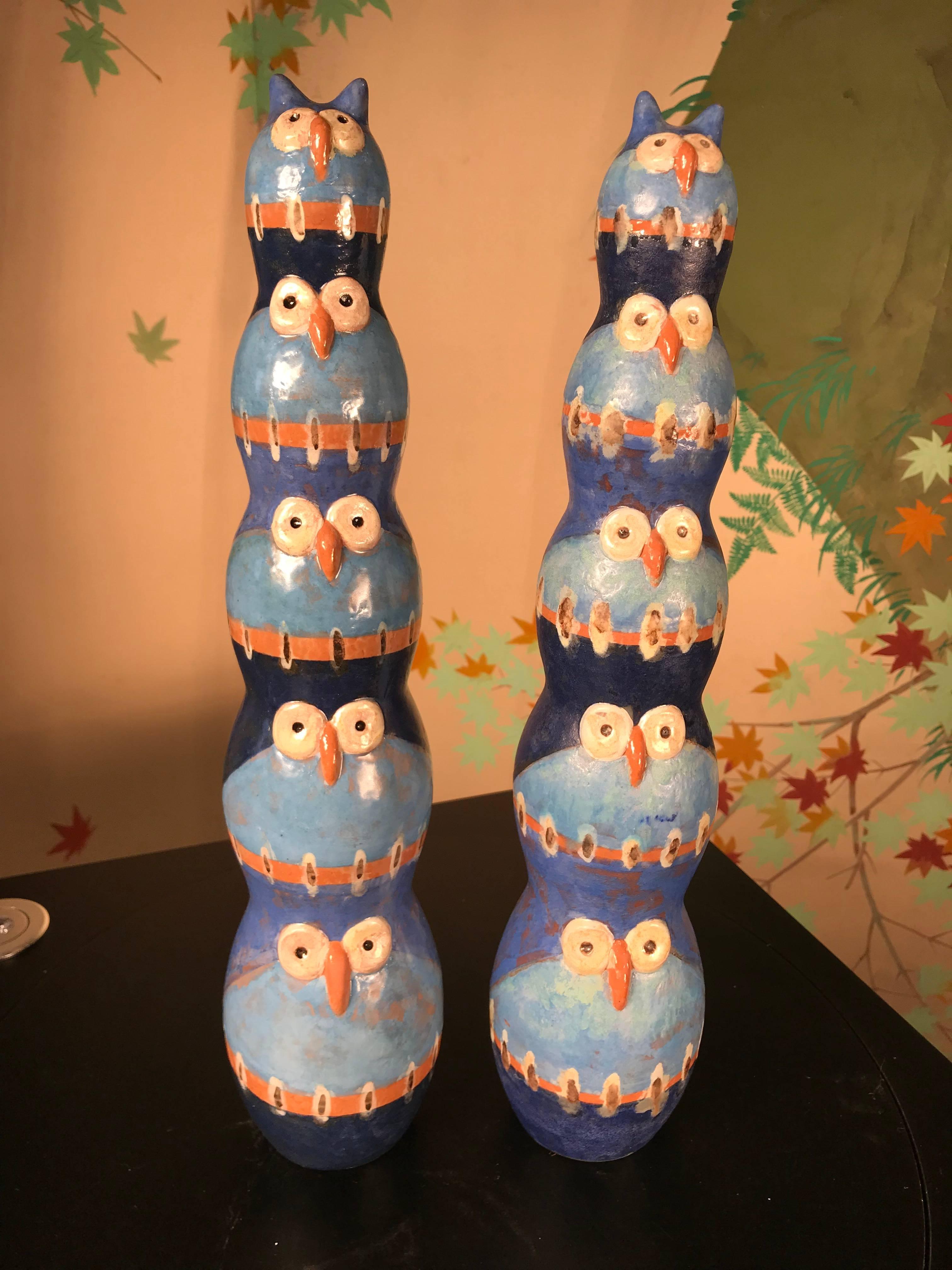 SALE - NOW SAVE 20% OR MORE

Unusual pair (2)  tall handmade and hand-painted five owl TOTEM sculptures by master artisan Eva Fritz-Linder. 
 
Designer/Maker: Eva Fritz-Lindner (1933-2017) 
and with her stamp i3D circa about 1970

Glaze: The matte