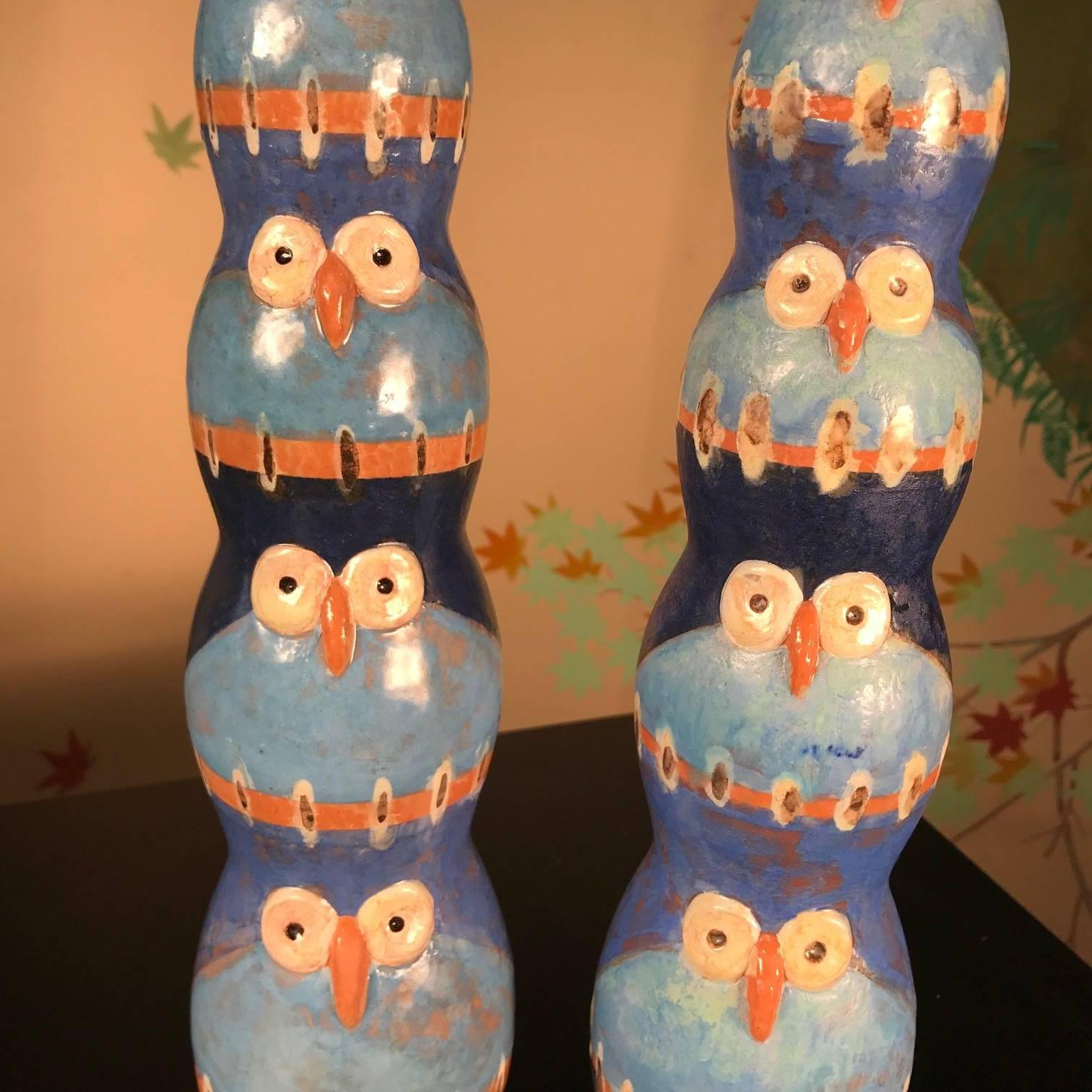 Hand-Crafted Unusual Pair Five Owl TOTEM Sculptures Hand-Painted Master Eva Fritz-Lindner