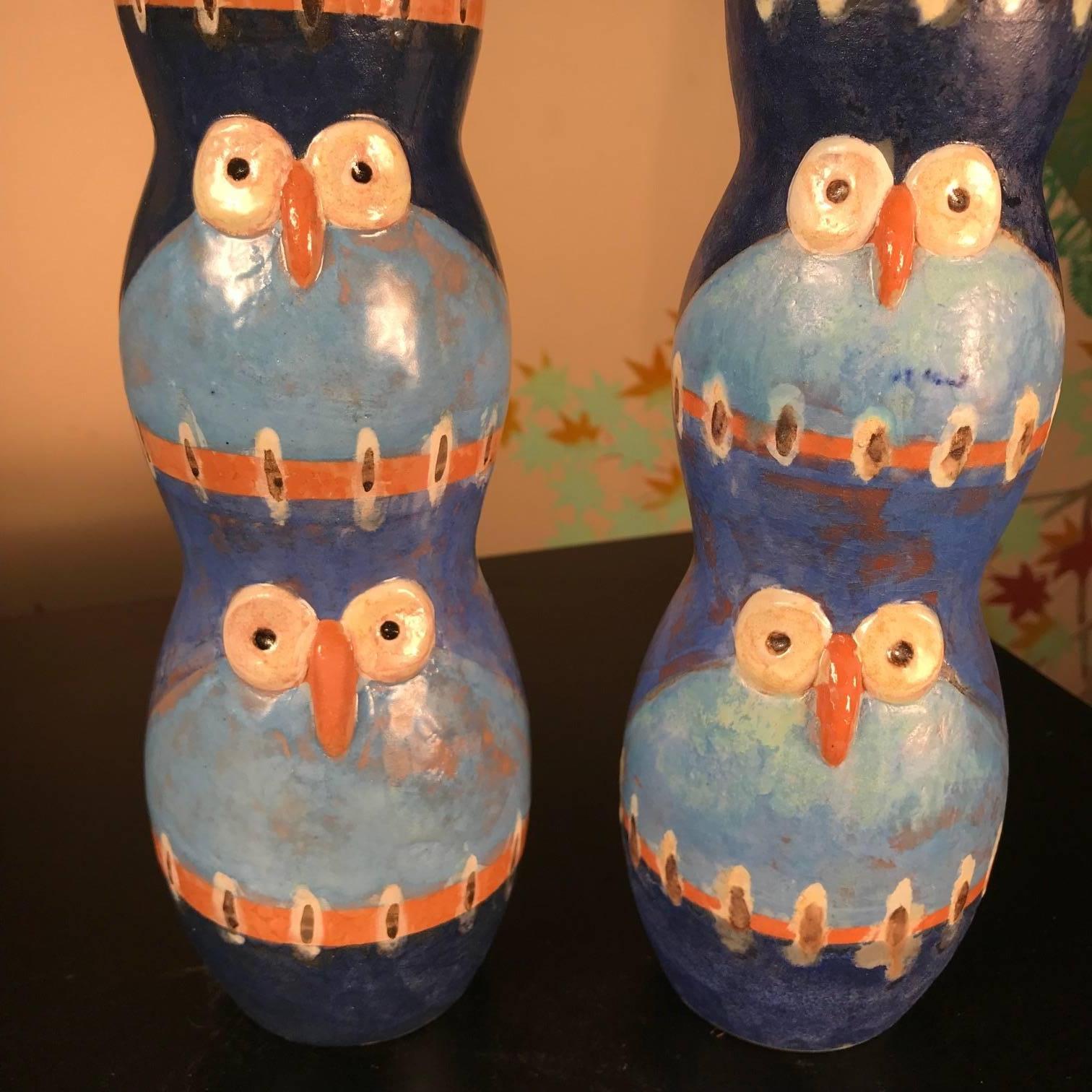 Unusual Pair Five Owl TOTEM Sculptures Hand-Painted Master Eva Fritz-Lindner In Excellent Condition In South Burlington, VT