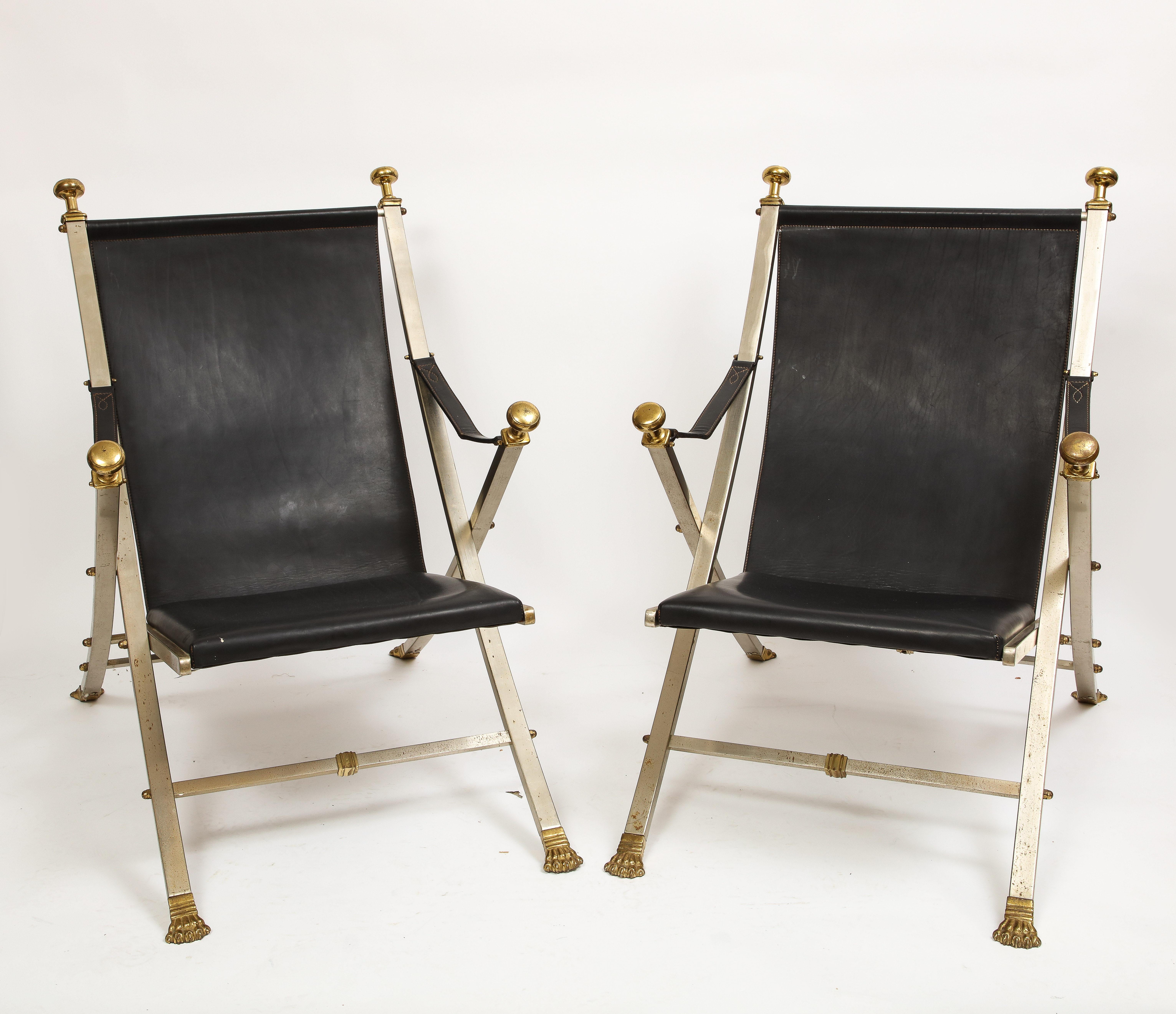 Mid-Century Modern Unusual Pair French Mid-Century Maison Jansen Steel, Bronze, and Leather Chairs For Sale