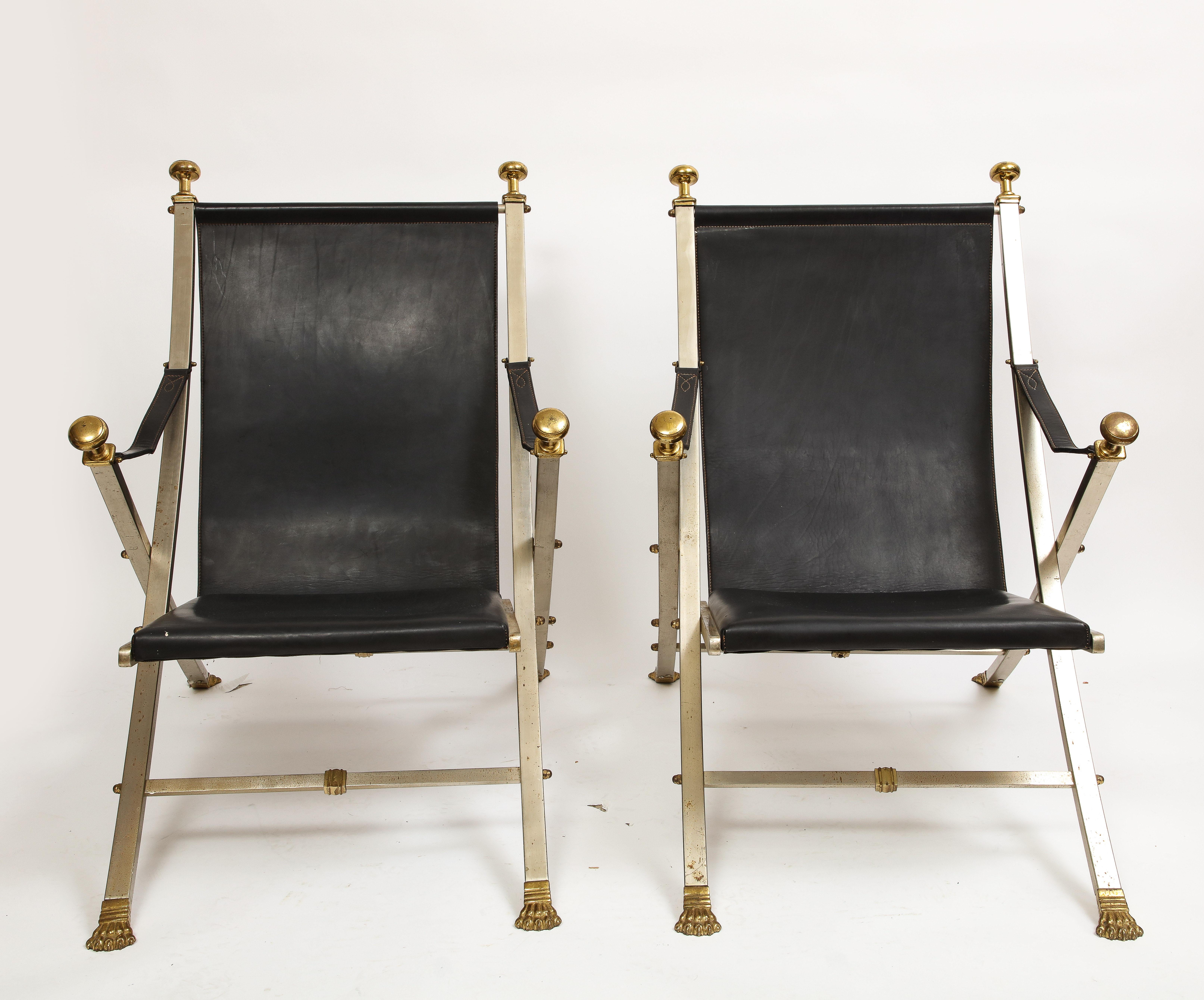 Hand-Crafted Unusual Pair French Mid-Century Maison Jansen Steel, Bronze, and Leather Chairs For Sale