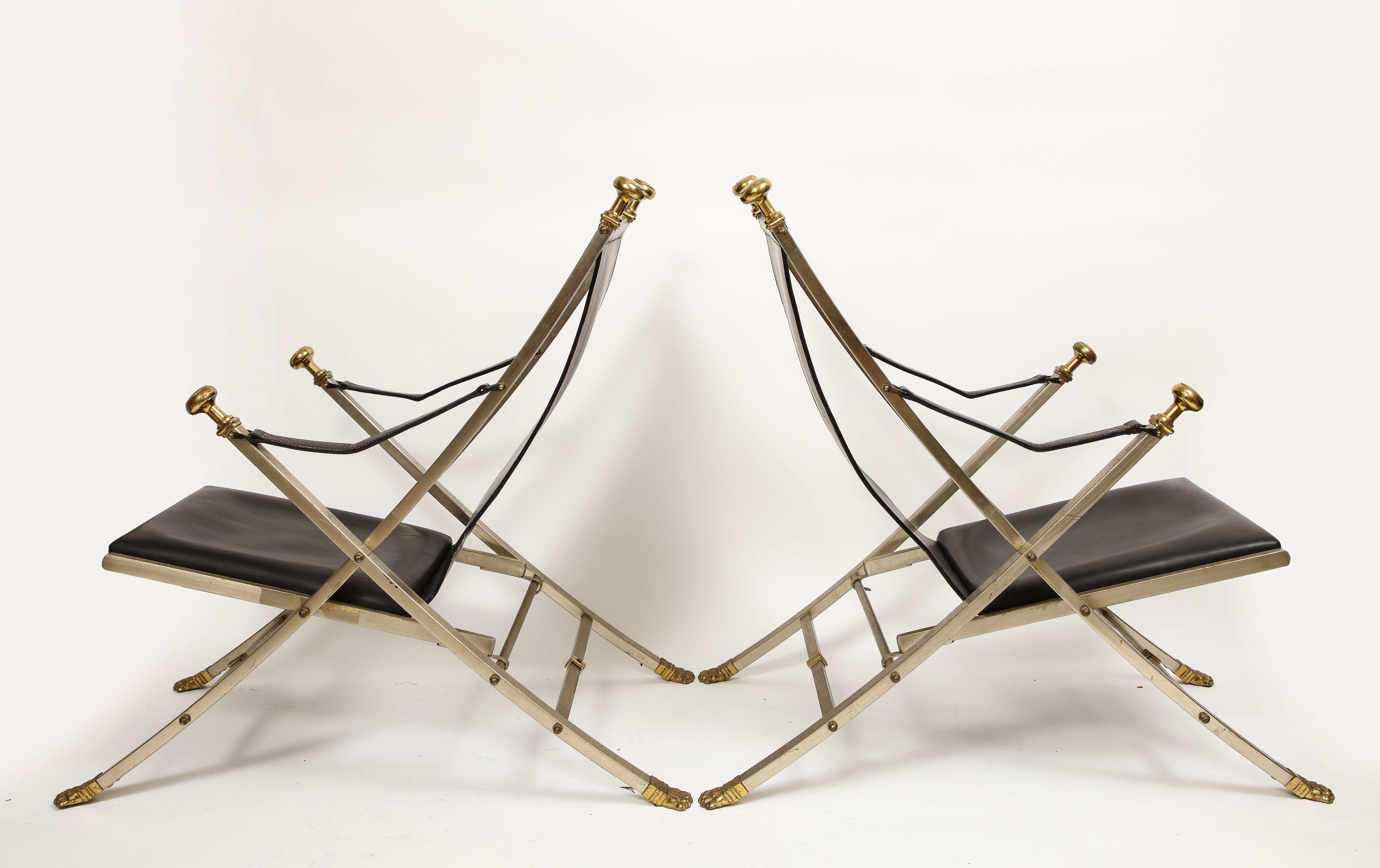 Unusual Pair French Mid-Century Maison Jansen Steel, Bronze, and Leather Chairs For Sale 1