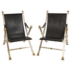 Unusual Pair French Mid-Century Maison Jansen Steel, Bronze, and Leather Chairs