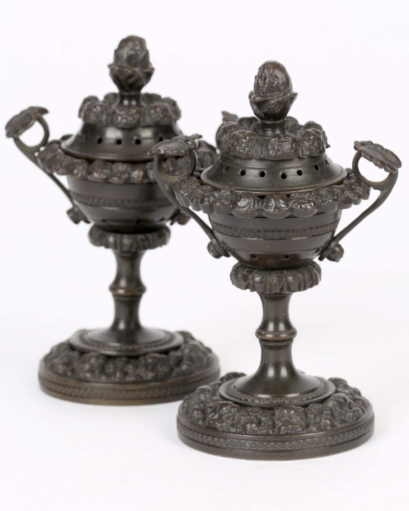 Unusual Pair of Georgian Patinated Bronze Lidded Pot Pourri Vases 4