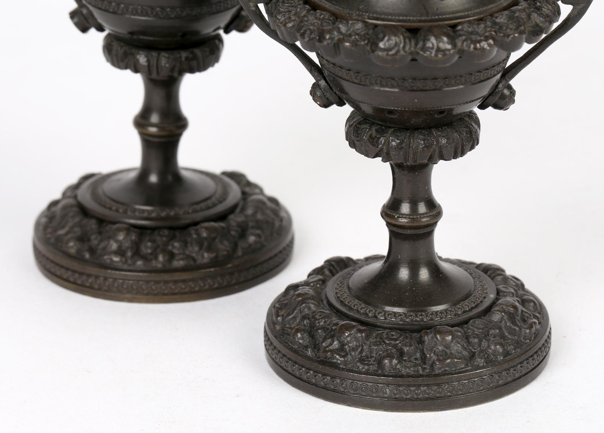 Unusual Pair of Georgian Patinated Bronze Lidded Pot Pourri Vases 5