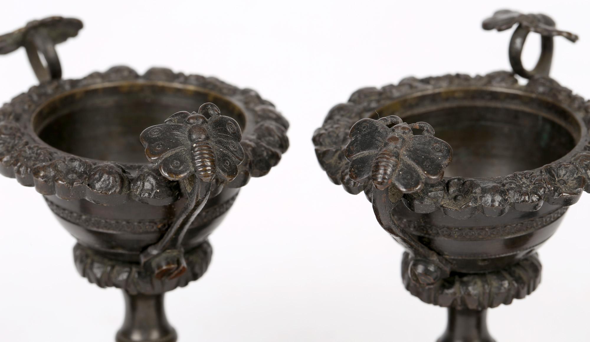 British Unusual Pair of Georgian Patinated Bronze Lidded Pot Pourri Vases