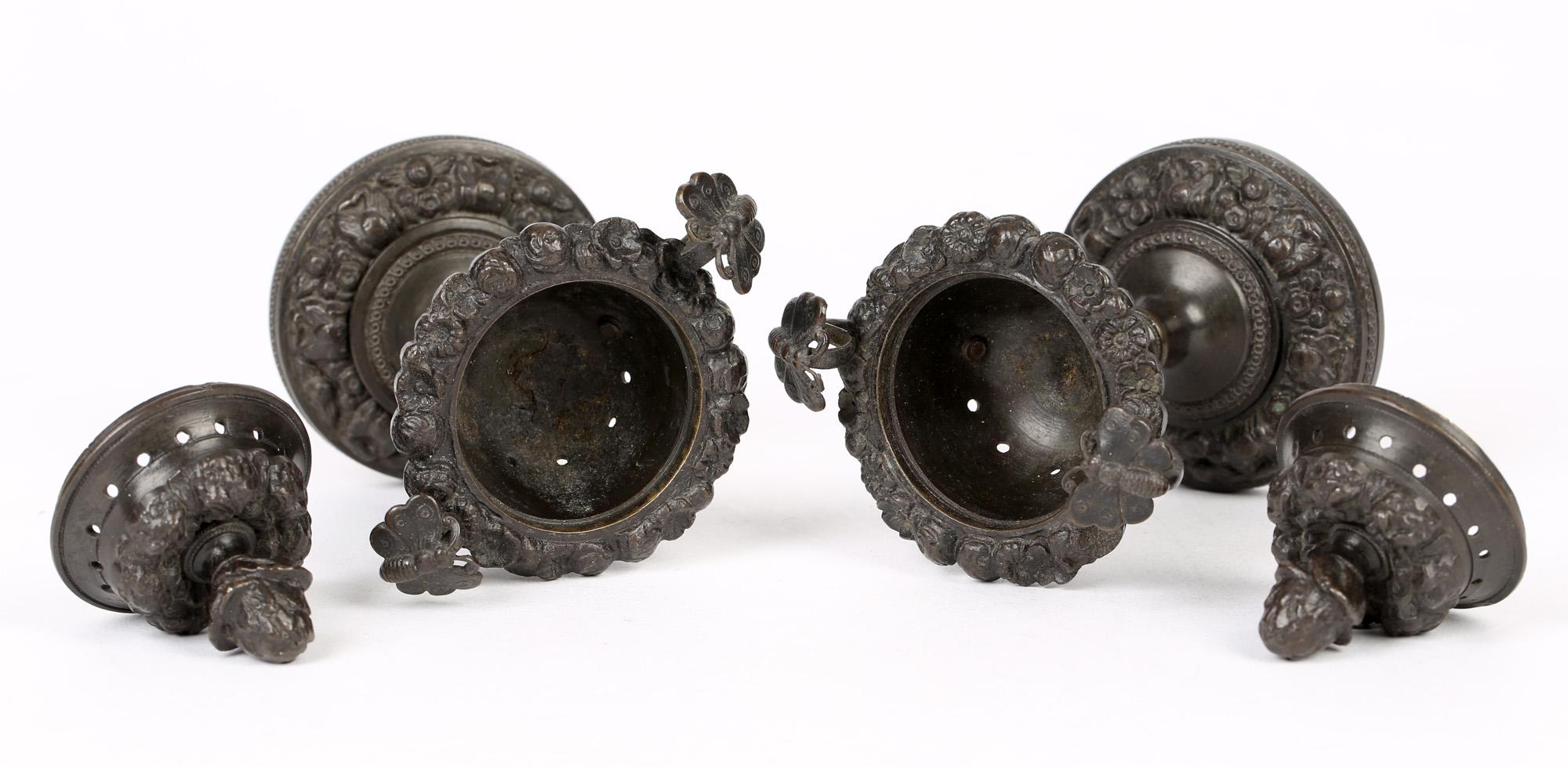 Early 19th Century Unusual Pair of Georgian Patinated Bronze Lidded Pot Pourri Vases