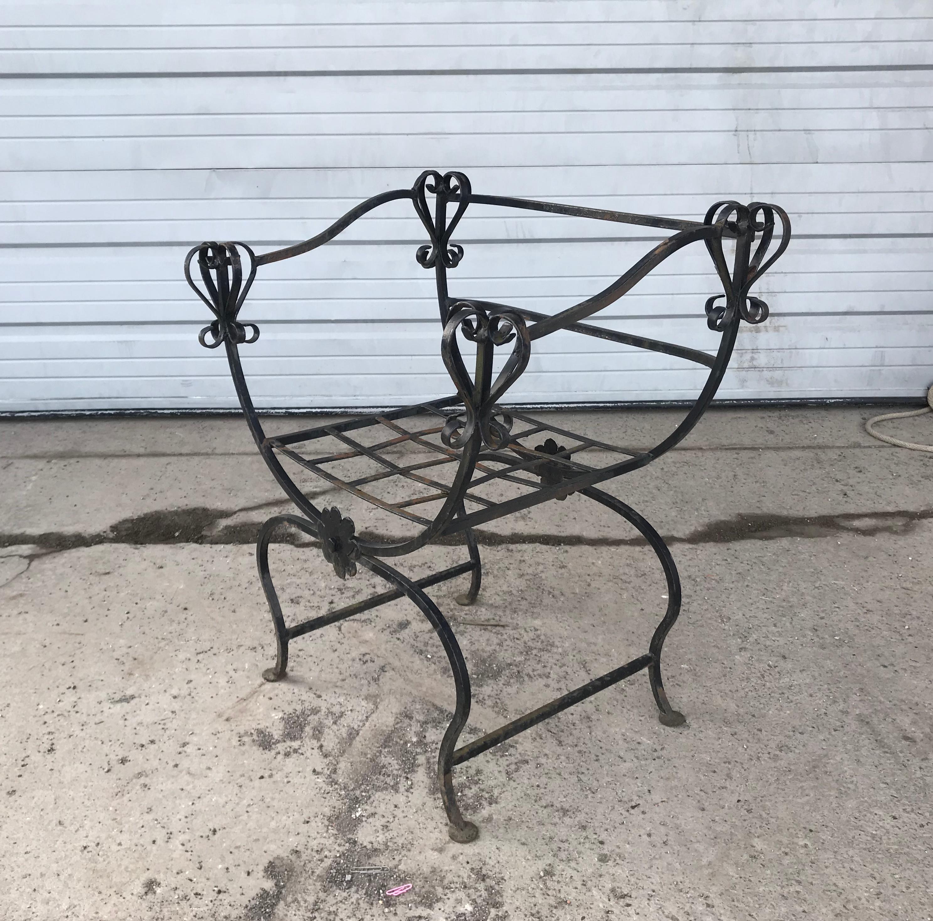 Unusual Pair Iron Chairs, Custom Made, Savonarola Style, Indoor /Outdoor For Sale 3