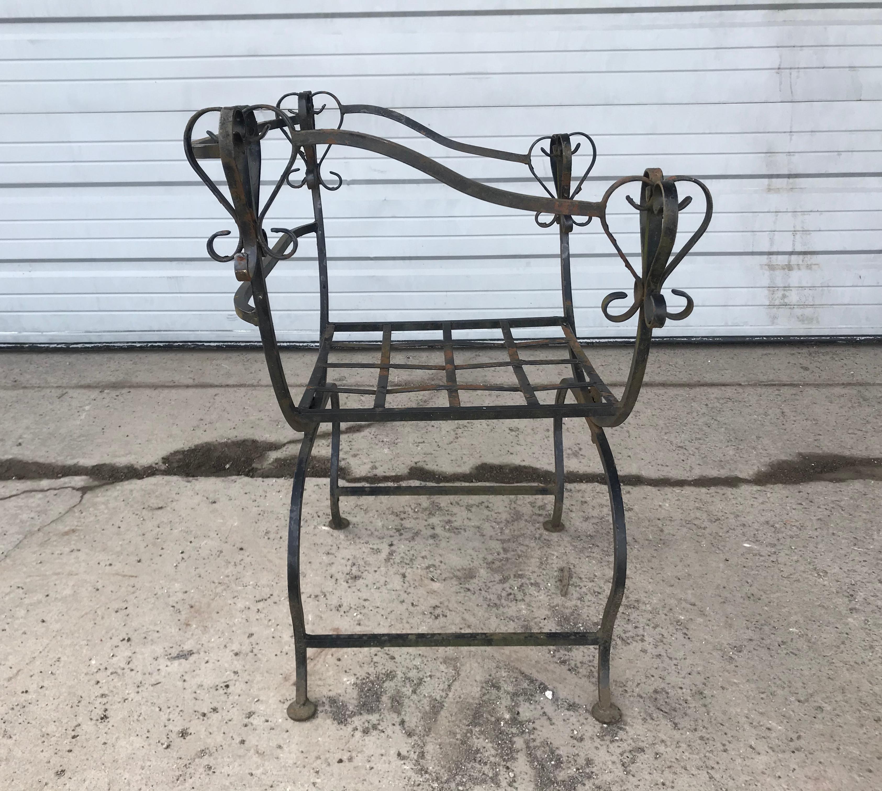 Unusual Pair Iron Chairs, Custom Made, Savonarola Style, Indoor /Outdoor For Sale 4