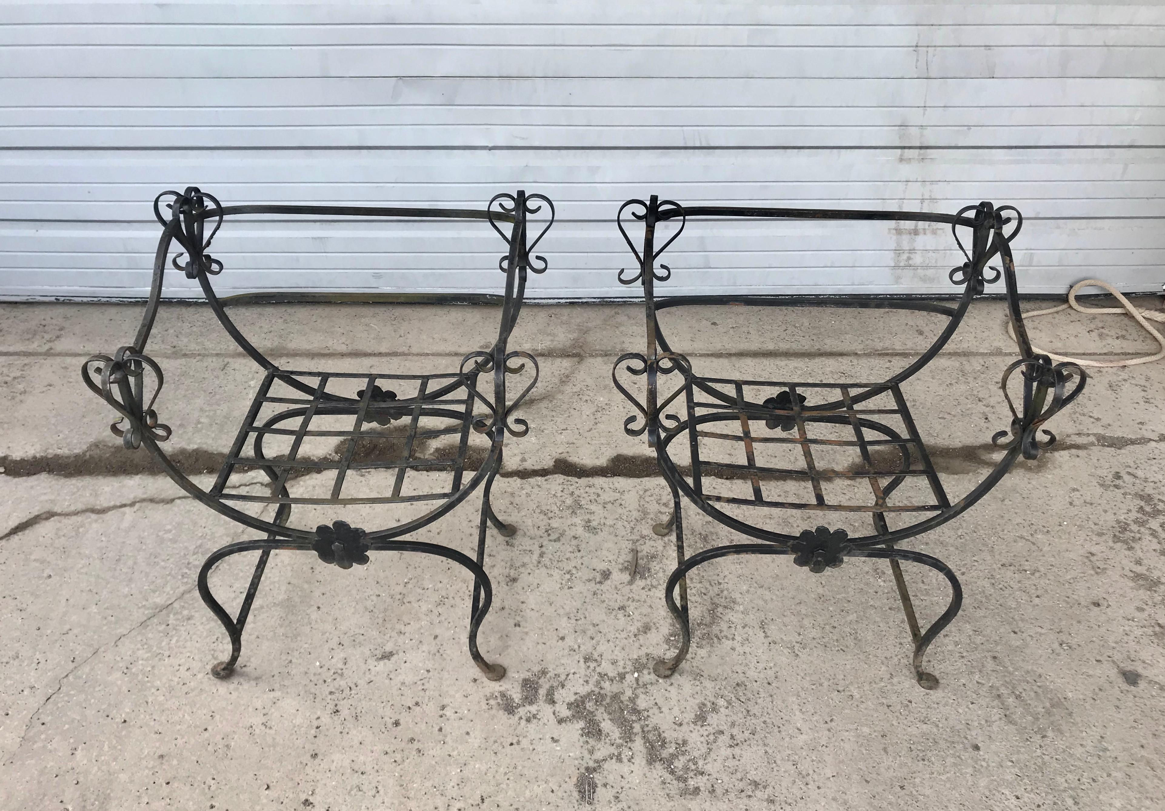 Unusual Pair Iron Chairs ,custom made .Savonarola Style.indoor /outdoor.,custom made c.1950s. Savonarola Style.indoor /outdoor,, Matching chaise lounge  available ..Please check other listings,, Hand delivery avail to New York City or anywhere en