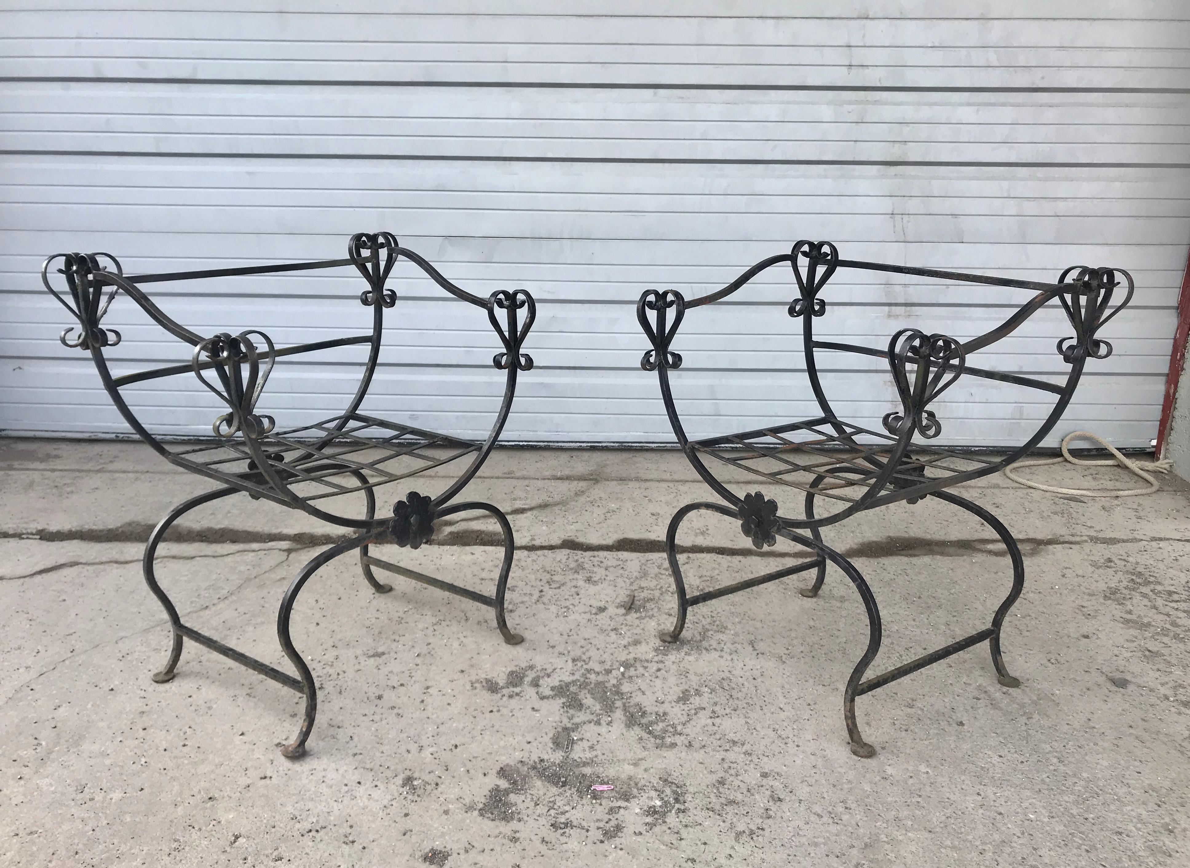 American Unusual Pair Iron Chairs, Custom Made, Savonarola Style, Indoor /Outdoor For Sale