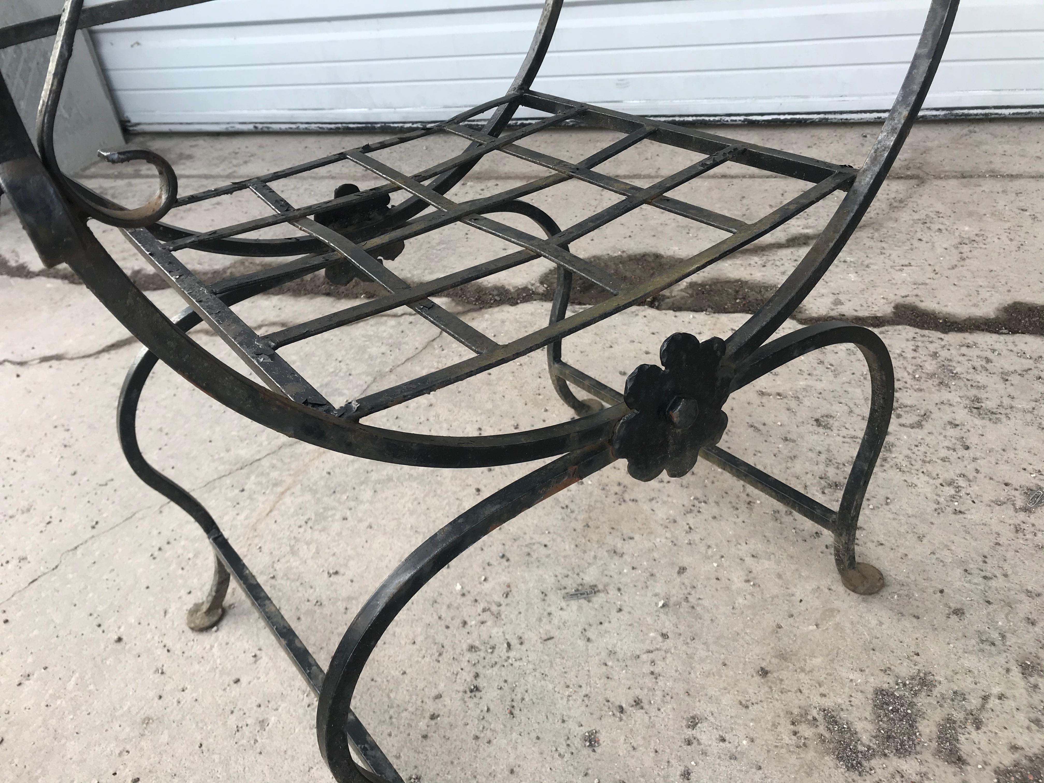 Hand-Crafted Unusual Pair Iron Chairs, Custom Made, Savonarola Style, Indoor /Outdoor For Sale