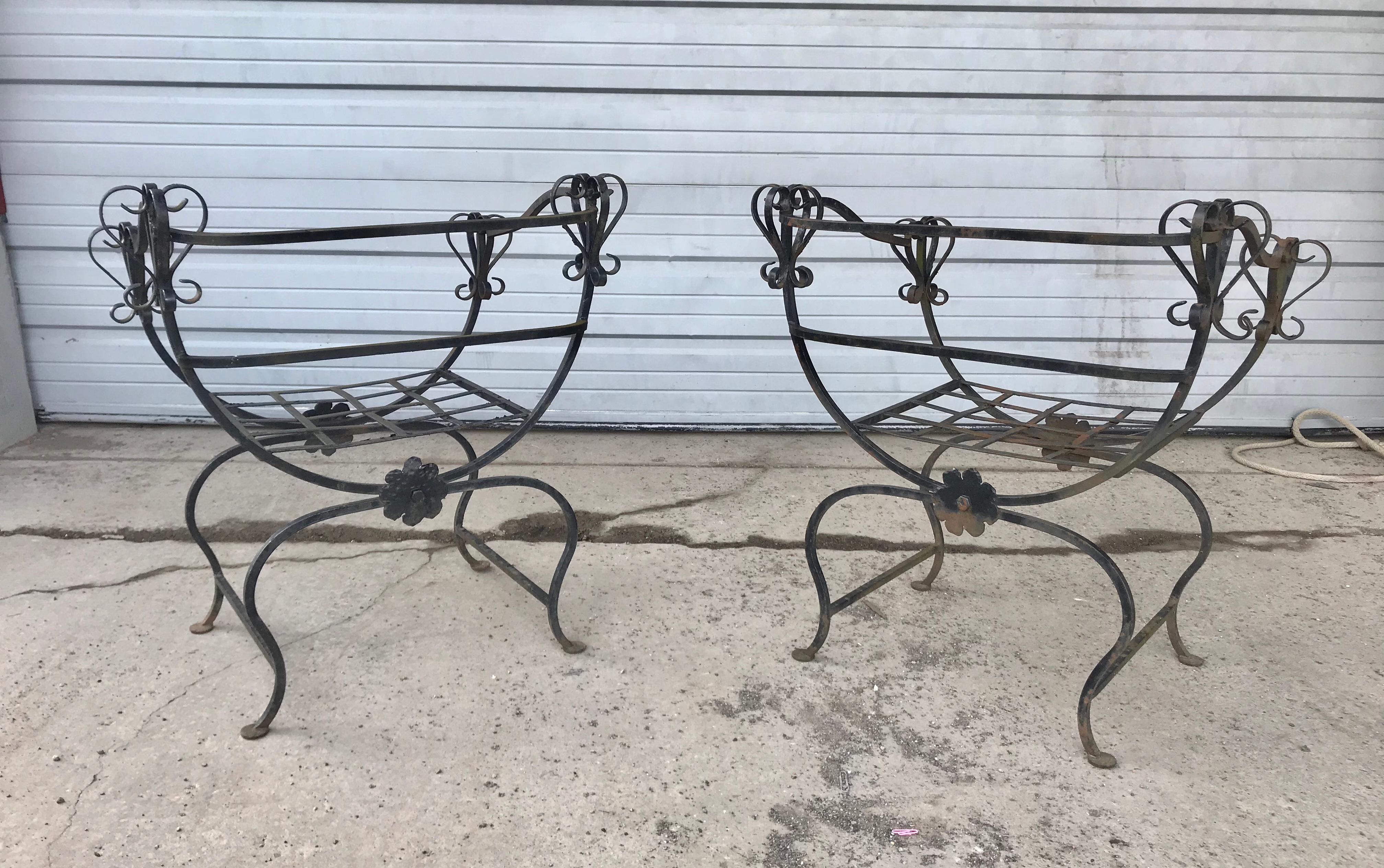 Unusual Pair Iron Chairs, Custom Made, Savonarola Style, Indoor /Outdoor In Good Condition For Sale In Buffalo, NY