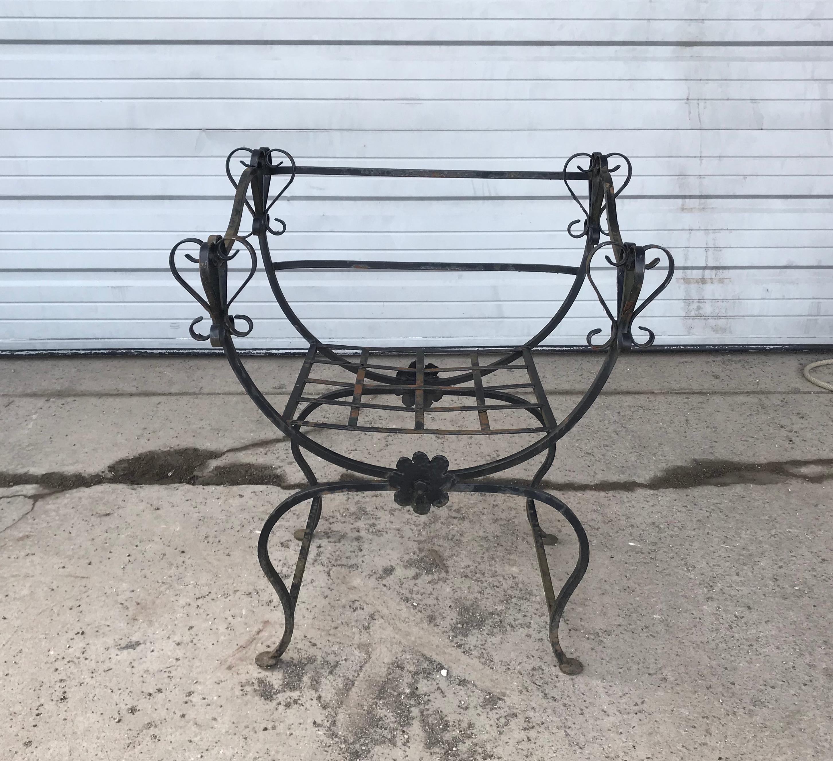 Unusual Pair Iron Chairs, Custom Made, Savonarola Style, Indoor /Outdoor For Sale 2