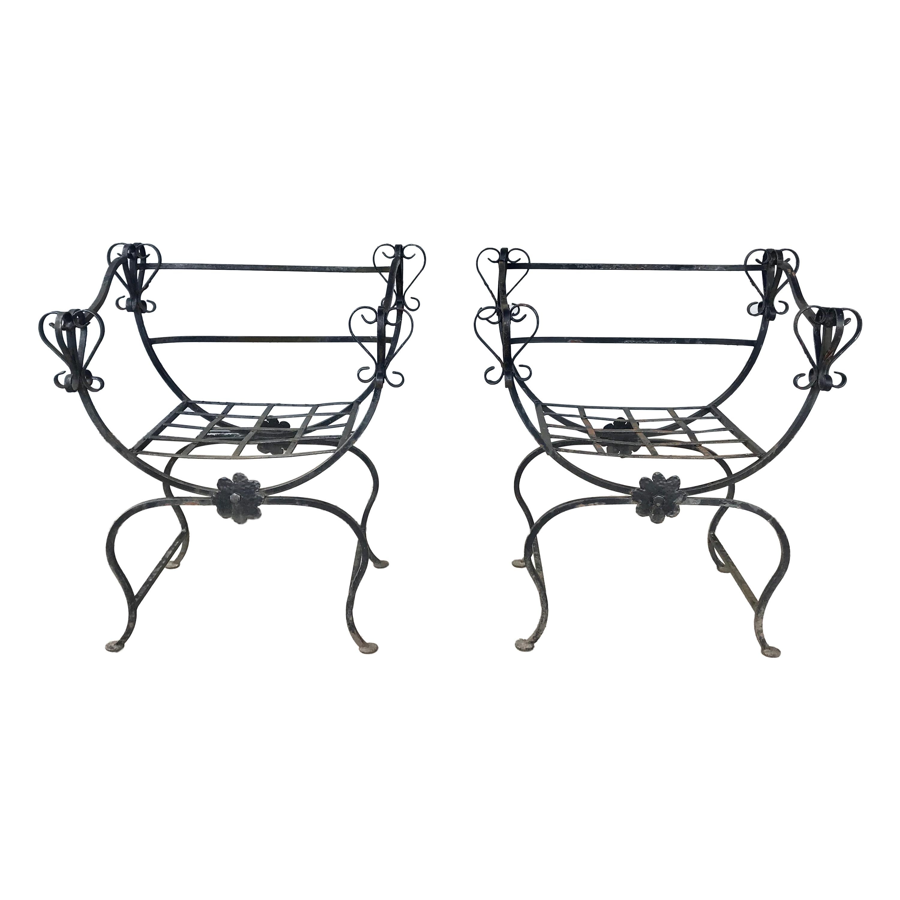 Unusual Pair Iron Chairs, Custom Made, Savonarola Style, Indoor /Outdoor For Sale